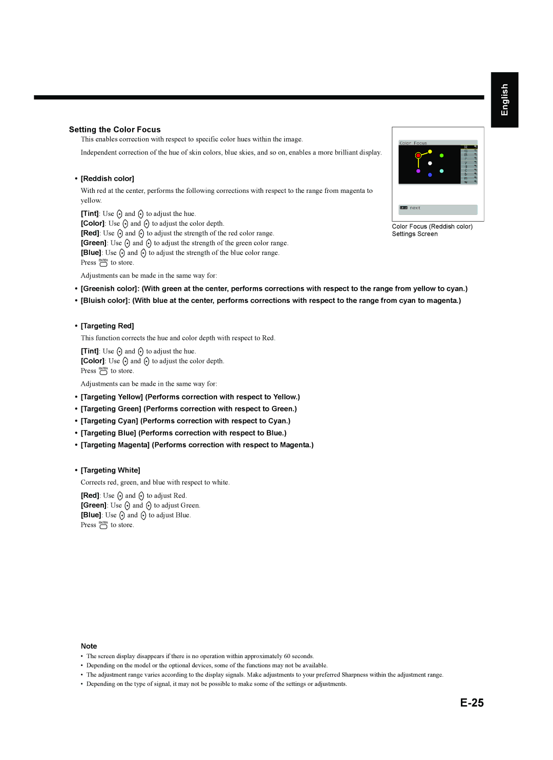 Fujitsu plasmavision user manual Çais Español Deutsch English, Setting the Color Focus, Reddish color 