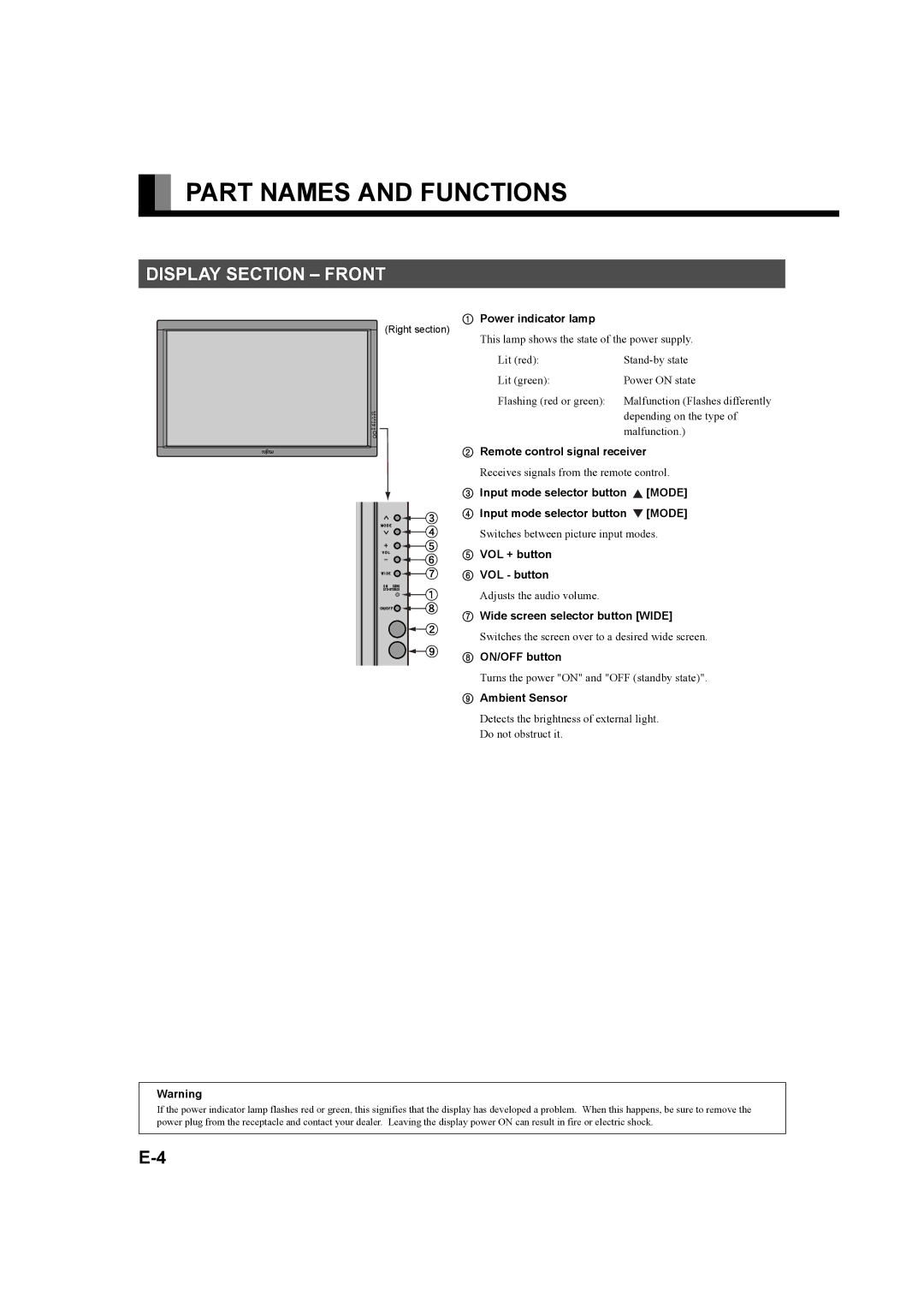 Fujitsu plasmavision user manual Part Names and Functions, Display Section Front 