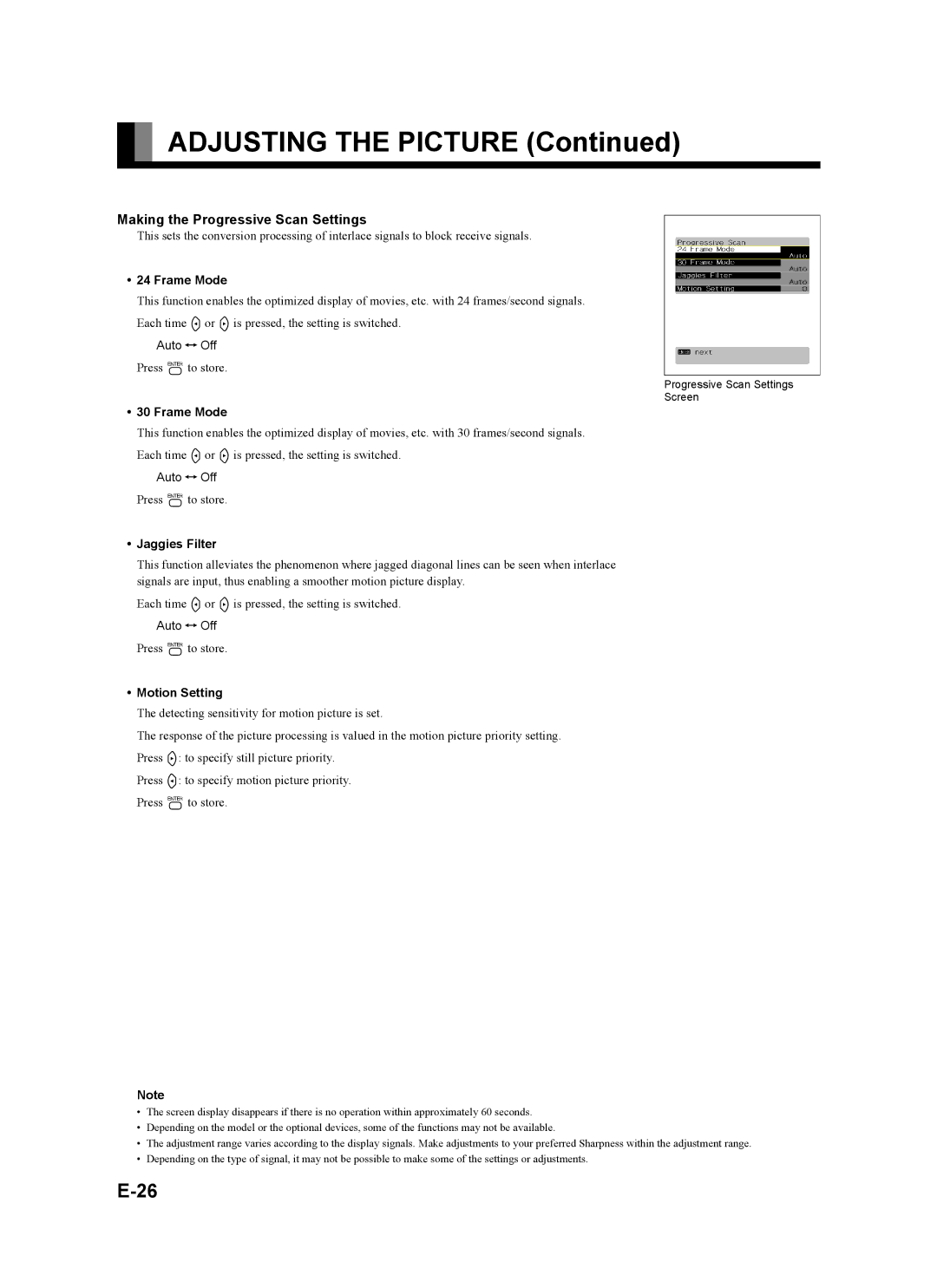 Fujitsu plasmavision user manual Making the Progressive Scan Settings, Frame Mode, Jaggies Filter, Motion Setting 