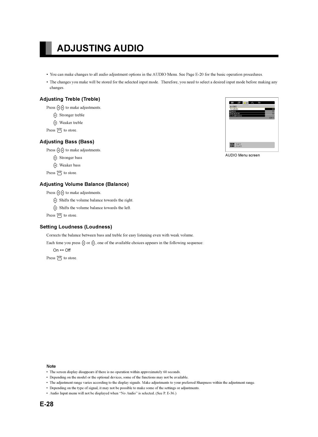 Fujitsu plasmavision Adjusting Audio, Adjusting Treble Treble, Adjusting Bass Bass, Adjusting Volume Balance Balance 