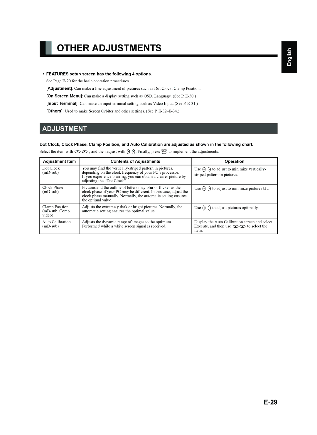 Fujitsu plasmavision user manual Other Adjustments, Features setup screen has the following 4 options 