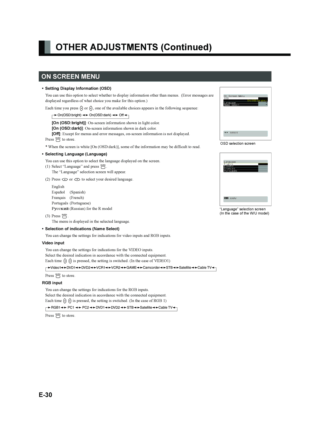 Fujitsu plasmavision user manual On Screen Menu 