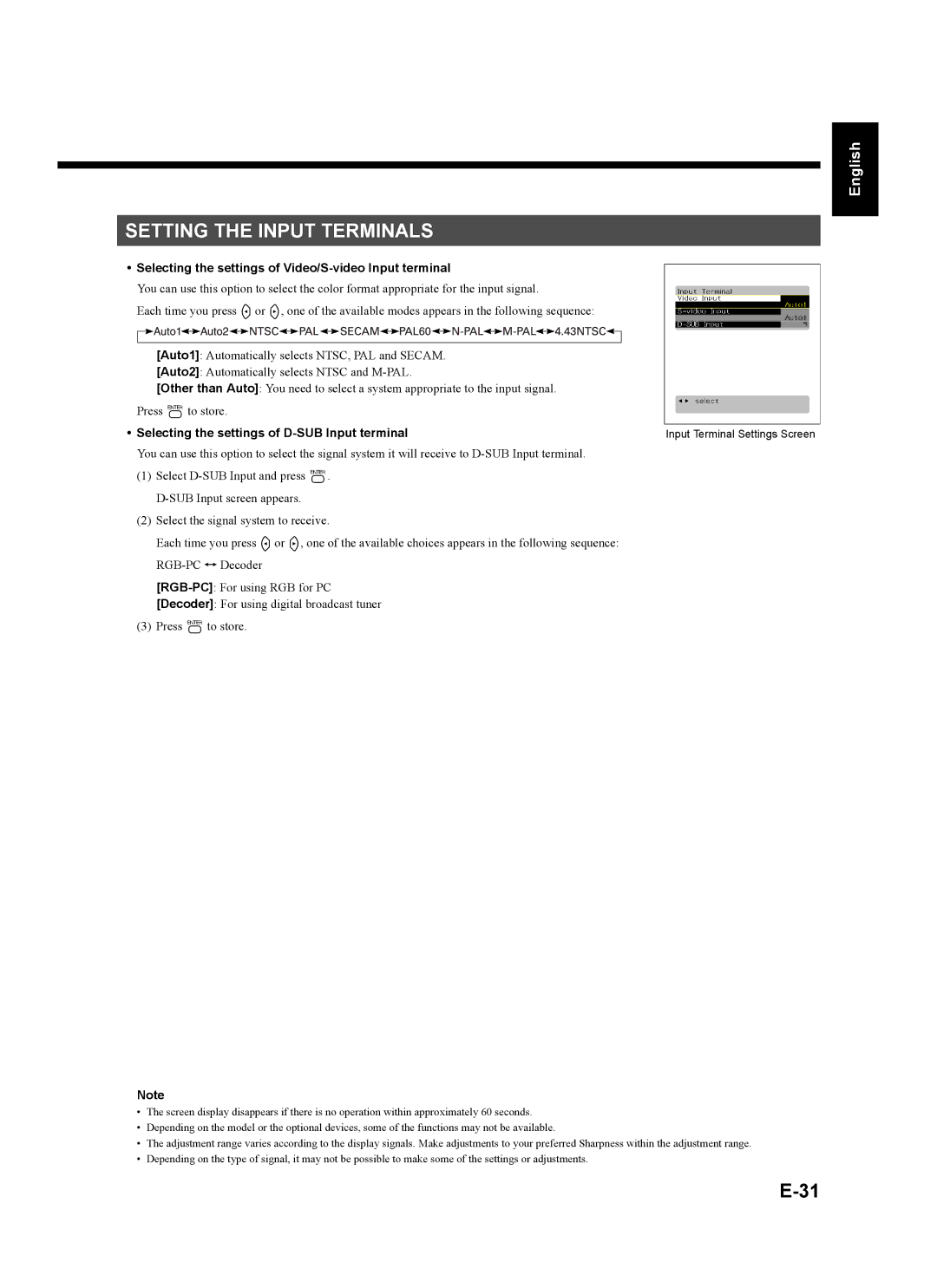 Fujitsu plasmavision user manual Setting the Input Terminals, Ñol, Selecting the settings of Video/S-video Input terminal 