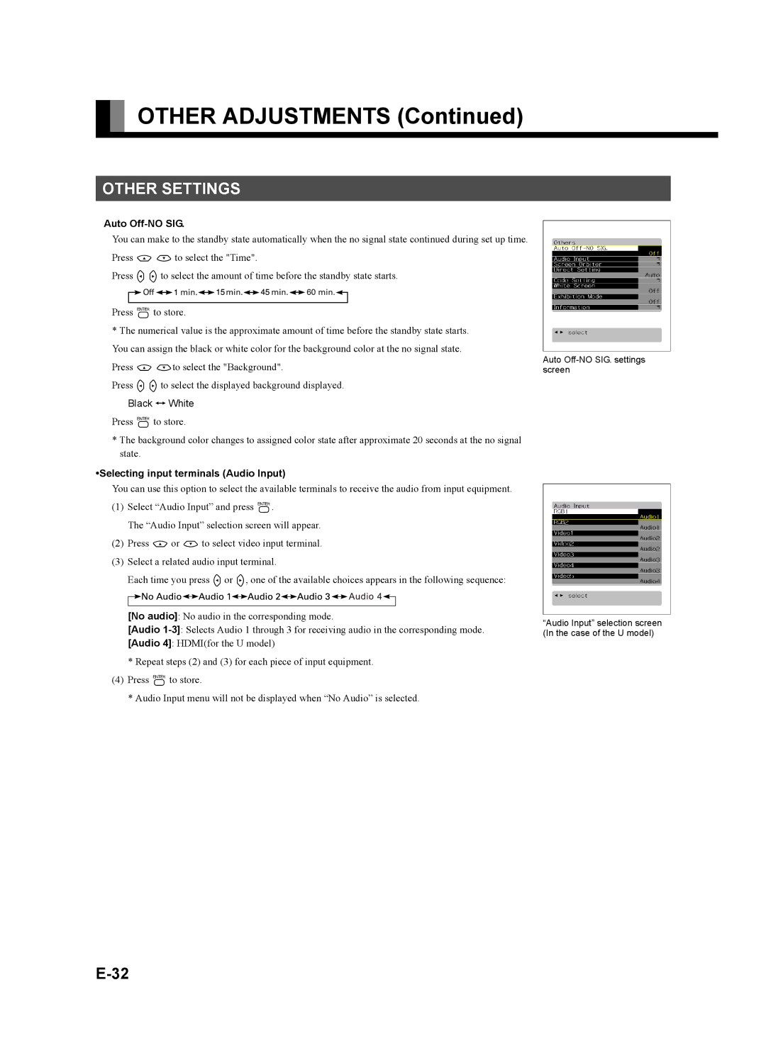 Fujitsu plasmavision user manual Other Settings, Auto Off-NO SIG, Selecting input terminals Audio Input 