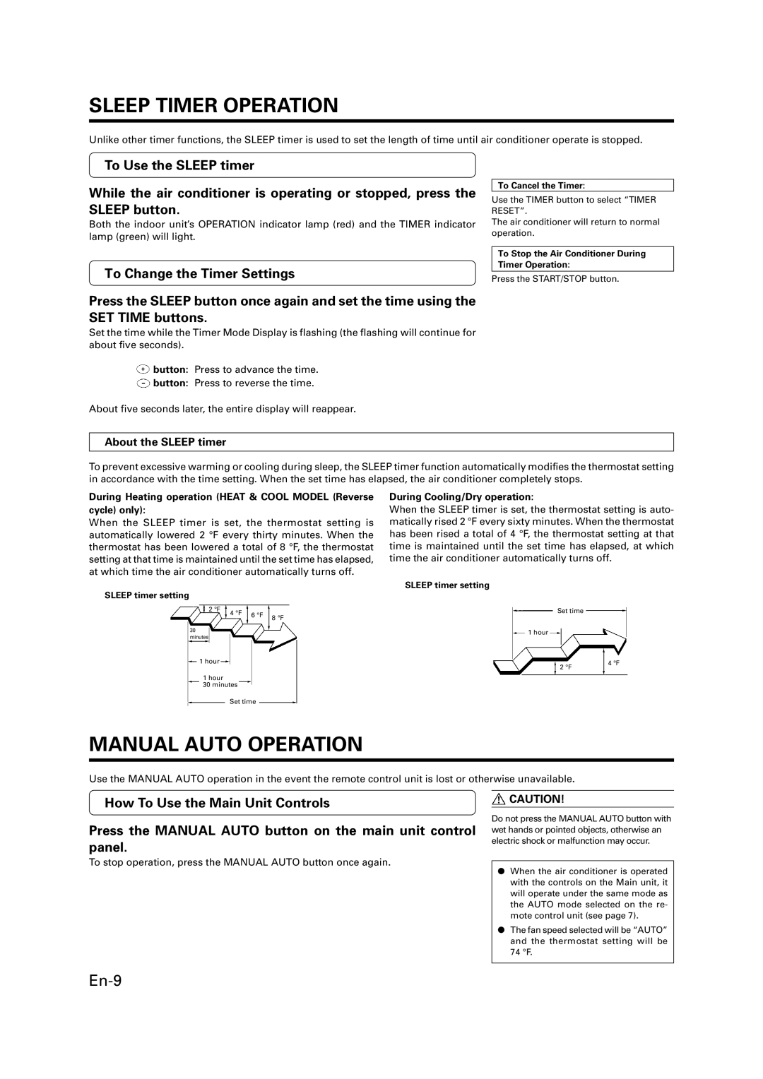 Fujitsu P/N9359944058 Sleep Timer Operation, Manual Auto Operation, To Change the Timer Settings, About the Sleep timer 