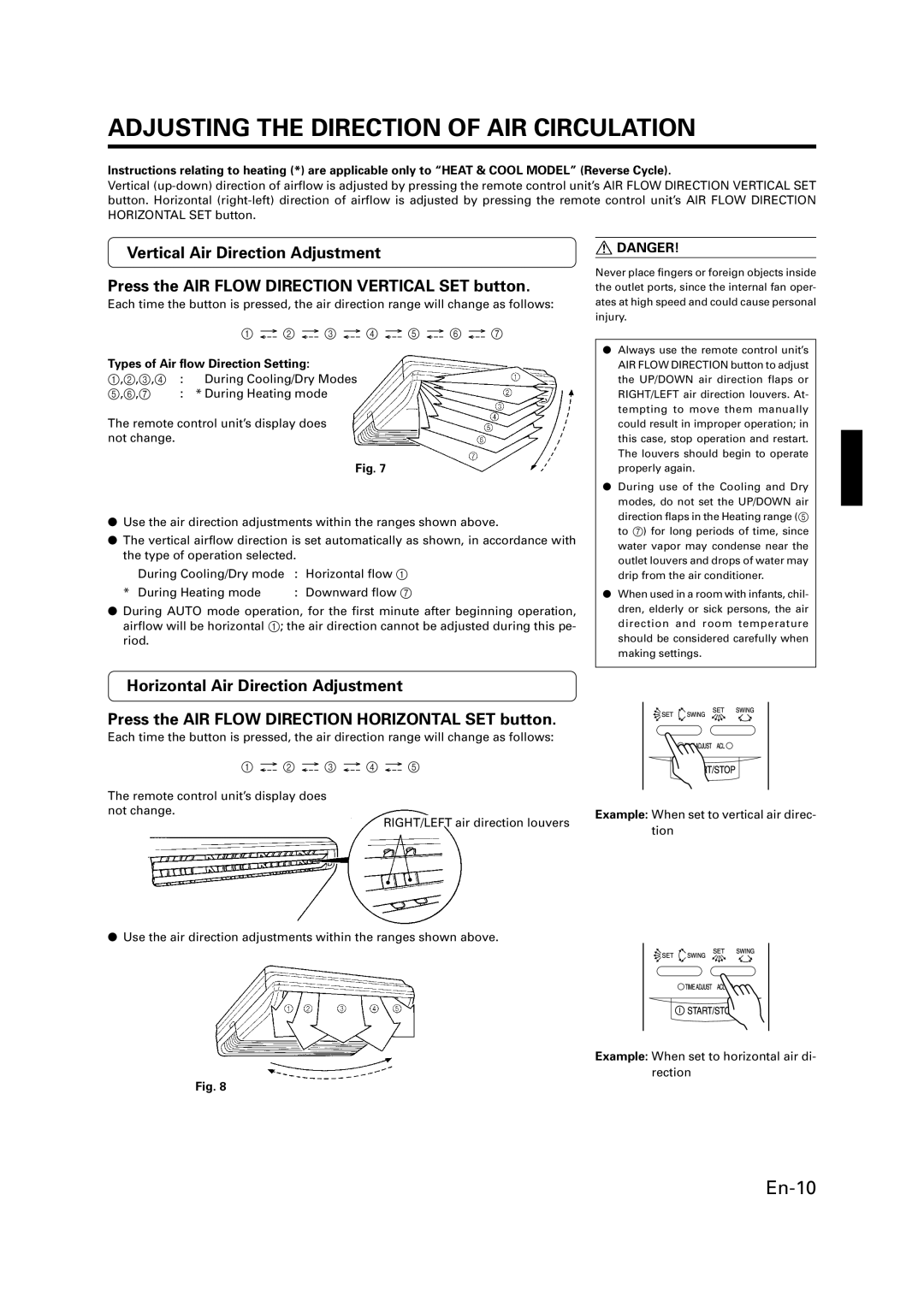 Fujitsu P/N9359944058 manual Adjusting the Direction of AIR Circulation, Types of Air flow Direction Setting 