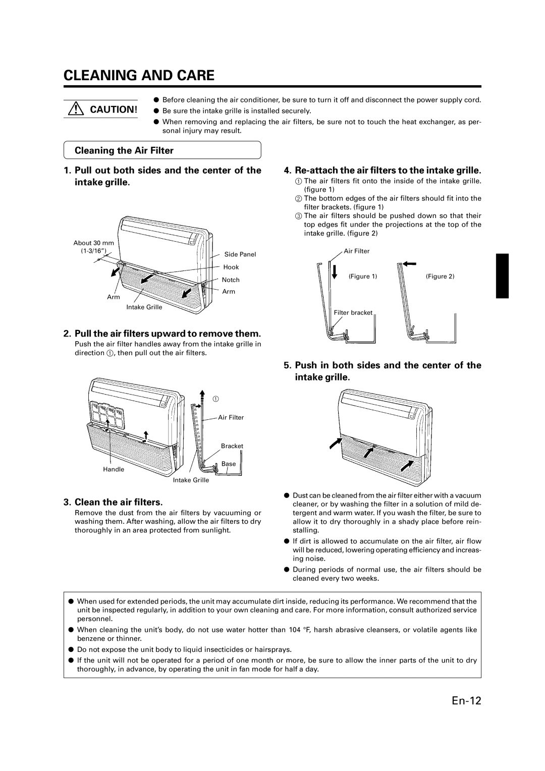 Fujitsu P/N9359944058 manual Cleaning and Care, Pull the air filters upward to remove them, Clean the air filters 