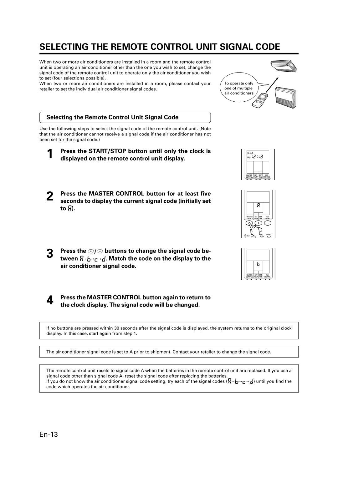 Fujitsu P/N9359944058 manual Selecting the Remote Control Unit Signal Code 