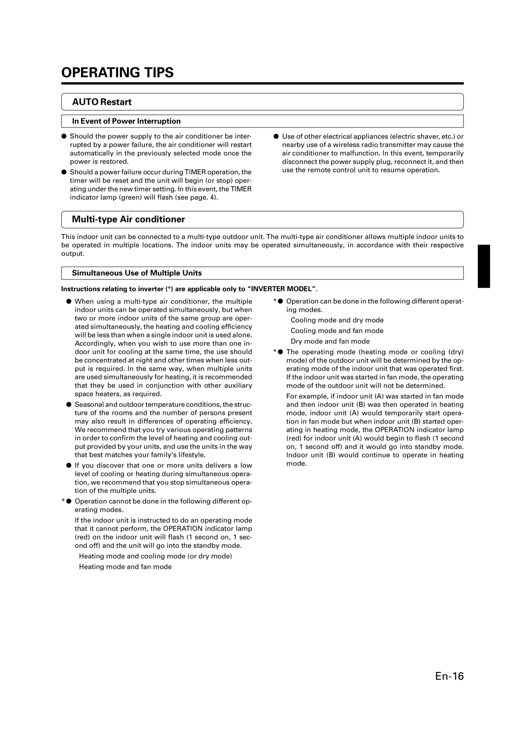 Fujitsu P/N9359944058 manual Auto Restart, Multi-type Air conditioner, Event of Power Interruption 