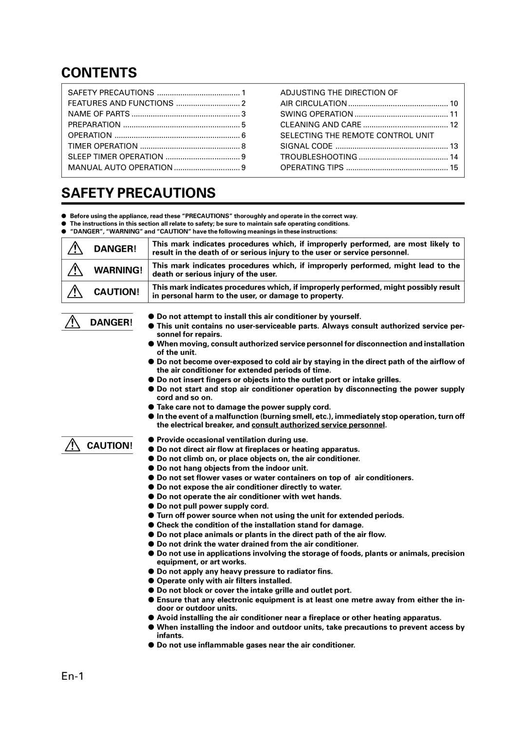 Fujitsu P/N9359944058 manual Contents, Safety Precautions 