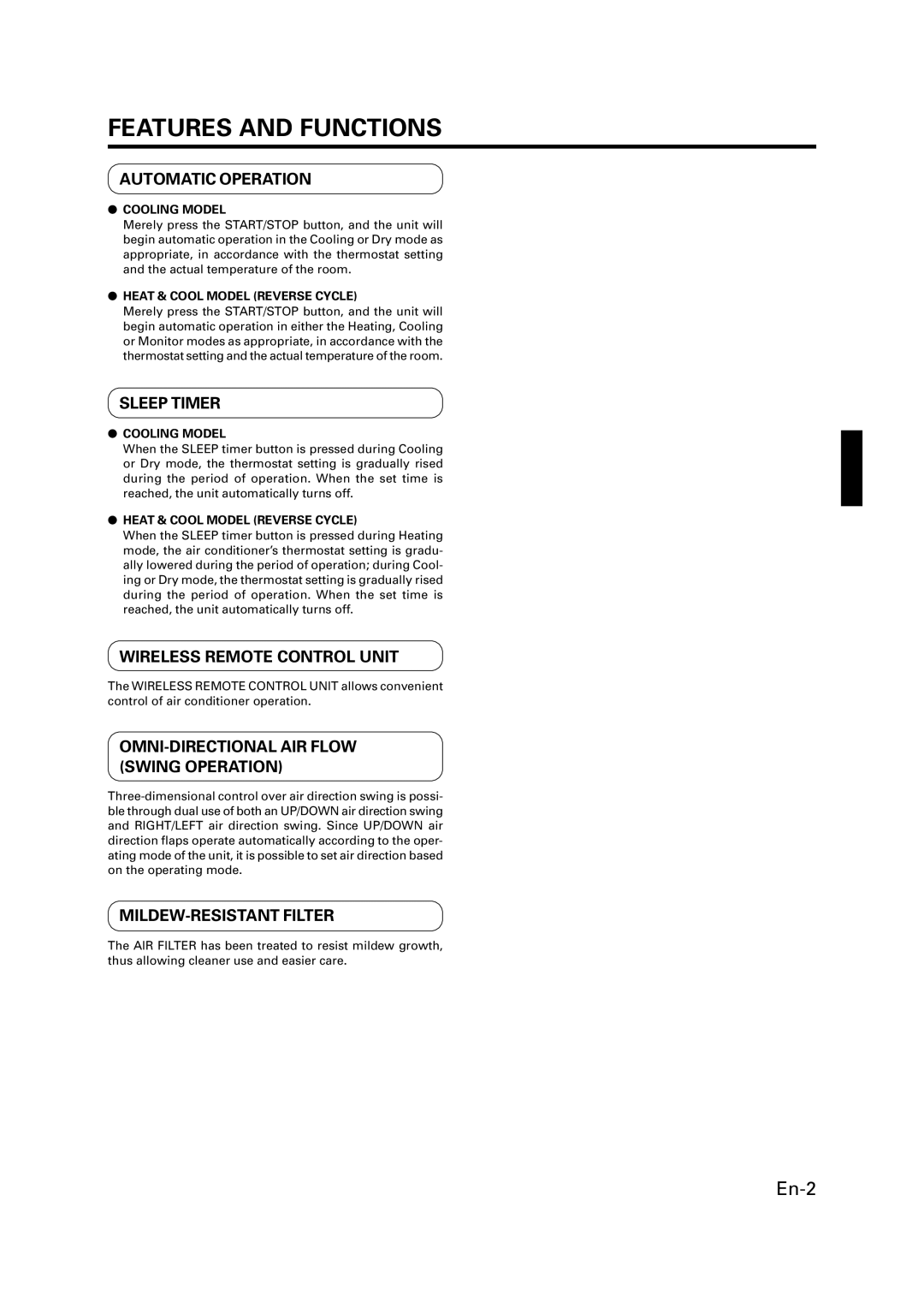 Fujitsu P/N9359944058 manual Features and Functions, Automatic Operation 