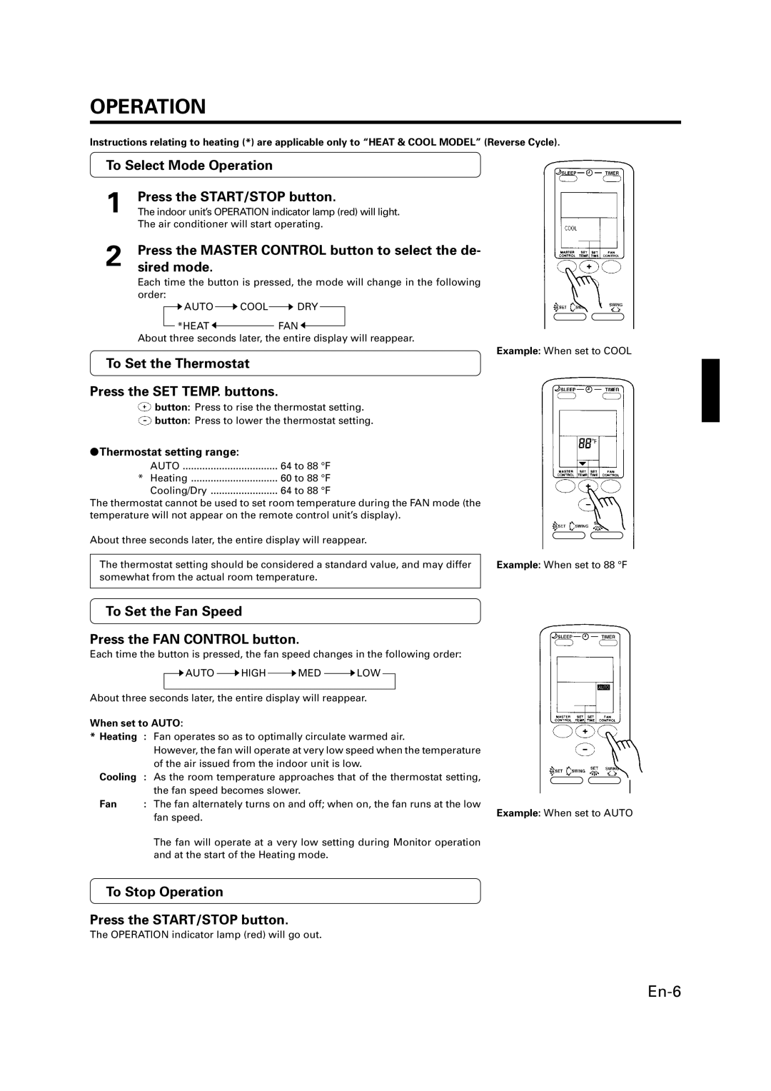 Fujitsu P/N9359944058 manual To Select Mode Operation Press the START/STOP button 