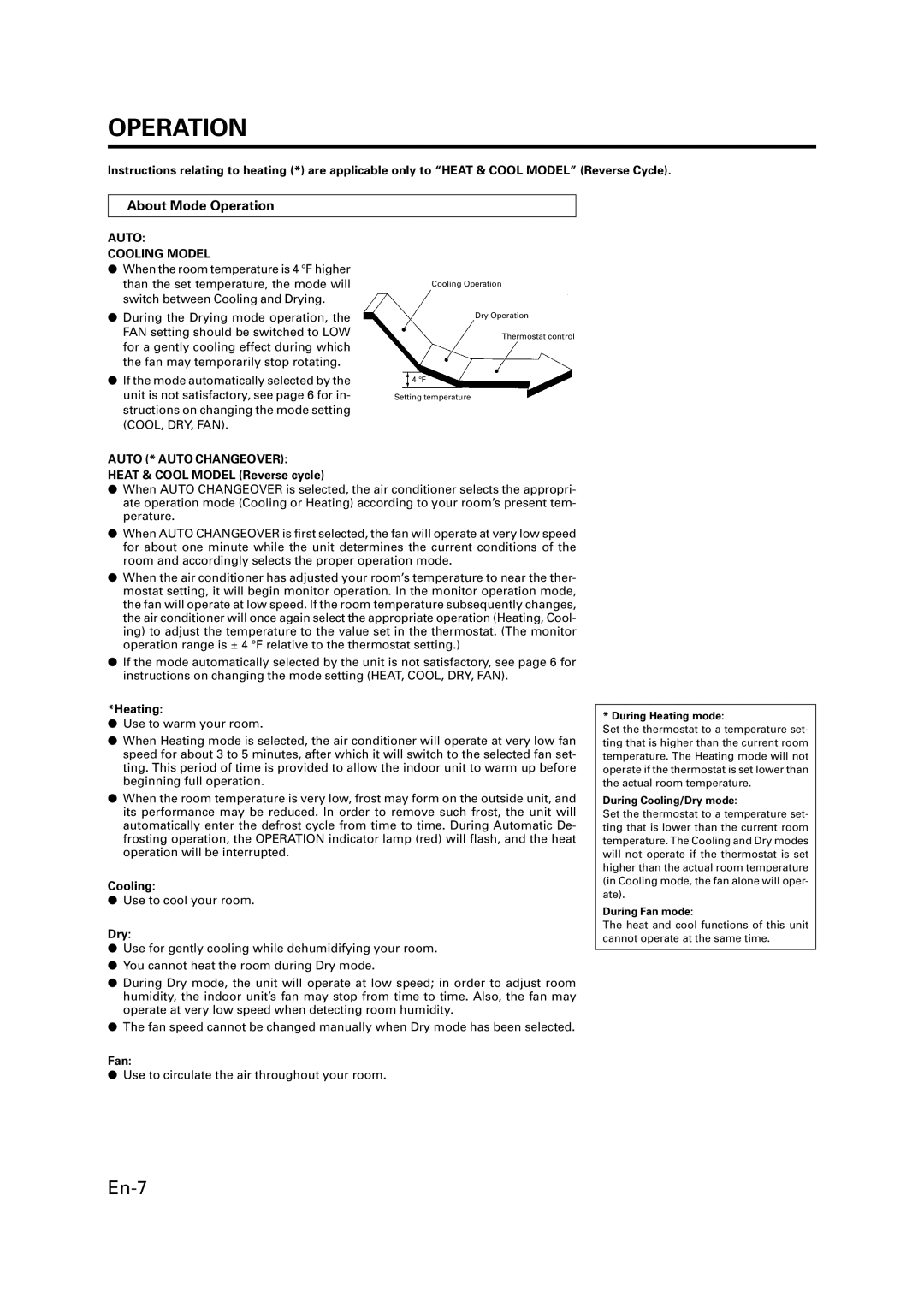 Fujitsu P/N9359944058 manual About Mode Operation, Heat & Cool Model Reverse cycle, Heating, Dry 