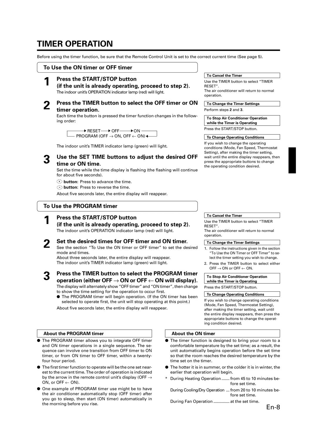 Fujitsu P/N9359944058 Timer Operation, Timer operation, Time or on time, Set the desired times for OFF timer and on timer 