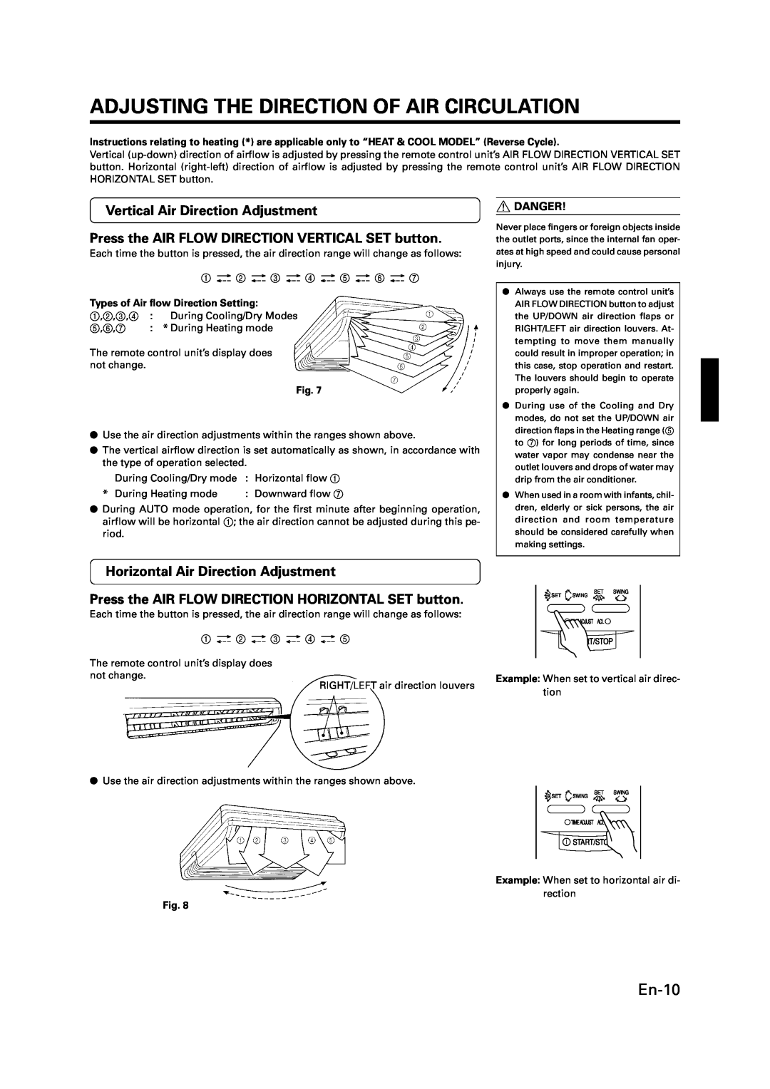 Fujitsu P/N9359944058 manual Adjusting The Direction Of Air Circulation, En-10, Vertical Air Direction Adjustment 