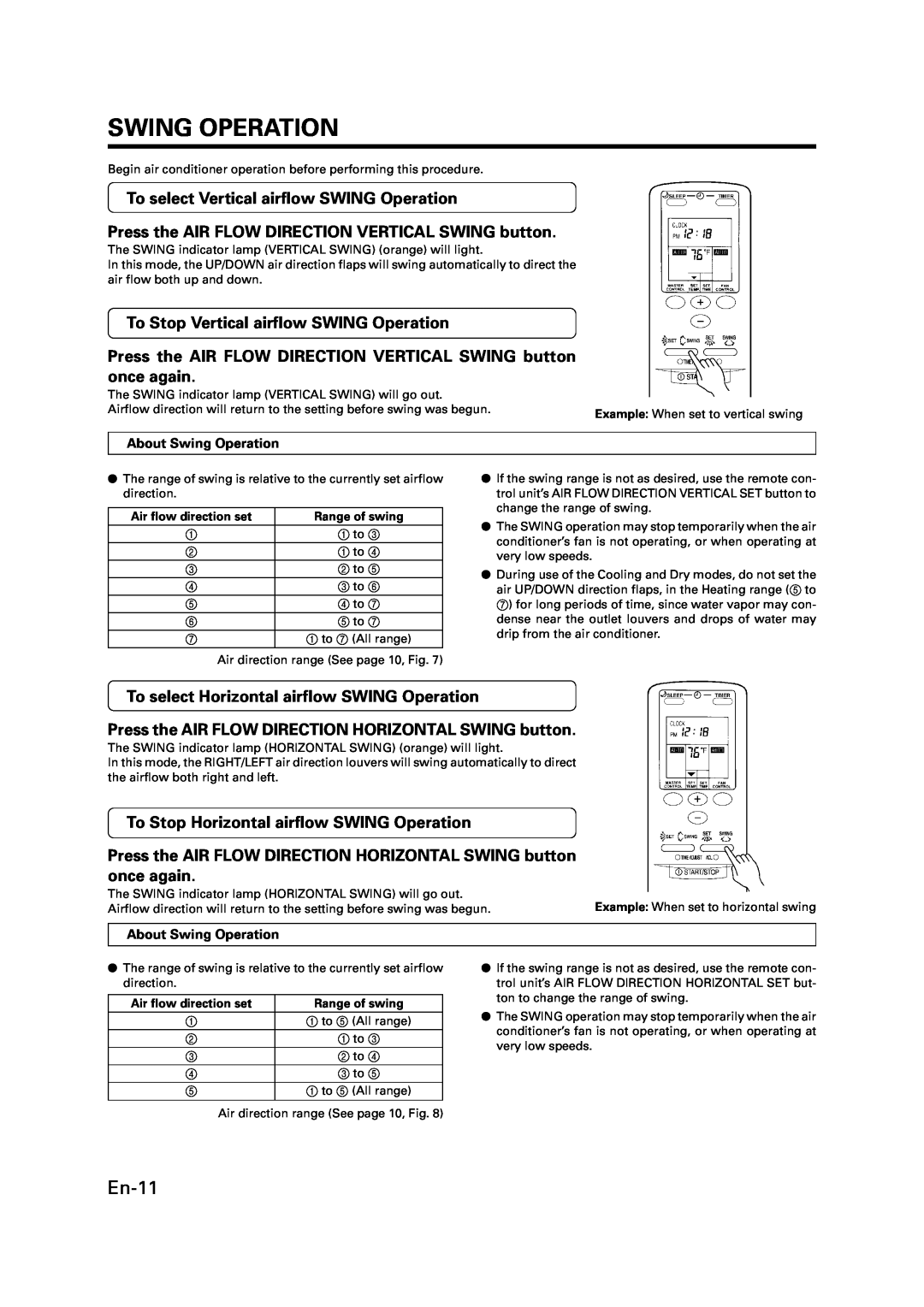 Fujitsu P/N9359944058 manual Swing Operation, En-11, To select Vertical airflow SWING Operation, Air flow direction set 