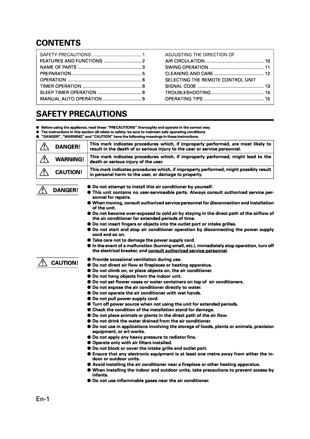 Fujitsu P/N9359944058 manual Contents, Safety Precautions, En-1, Danger 