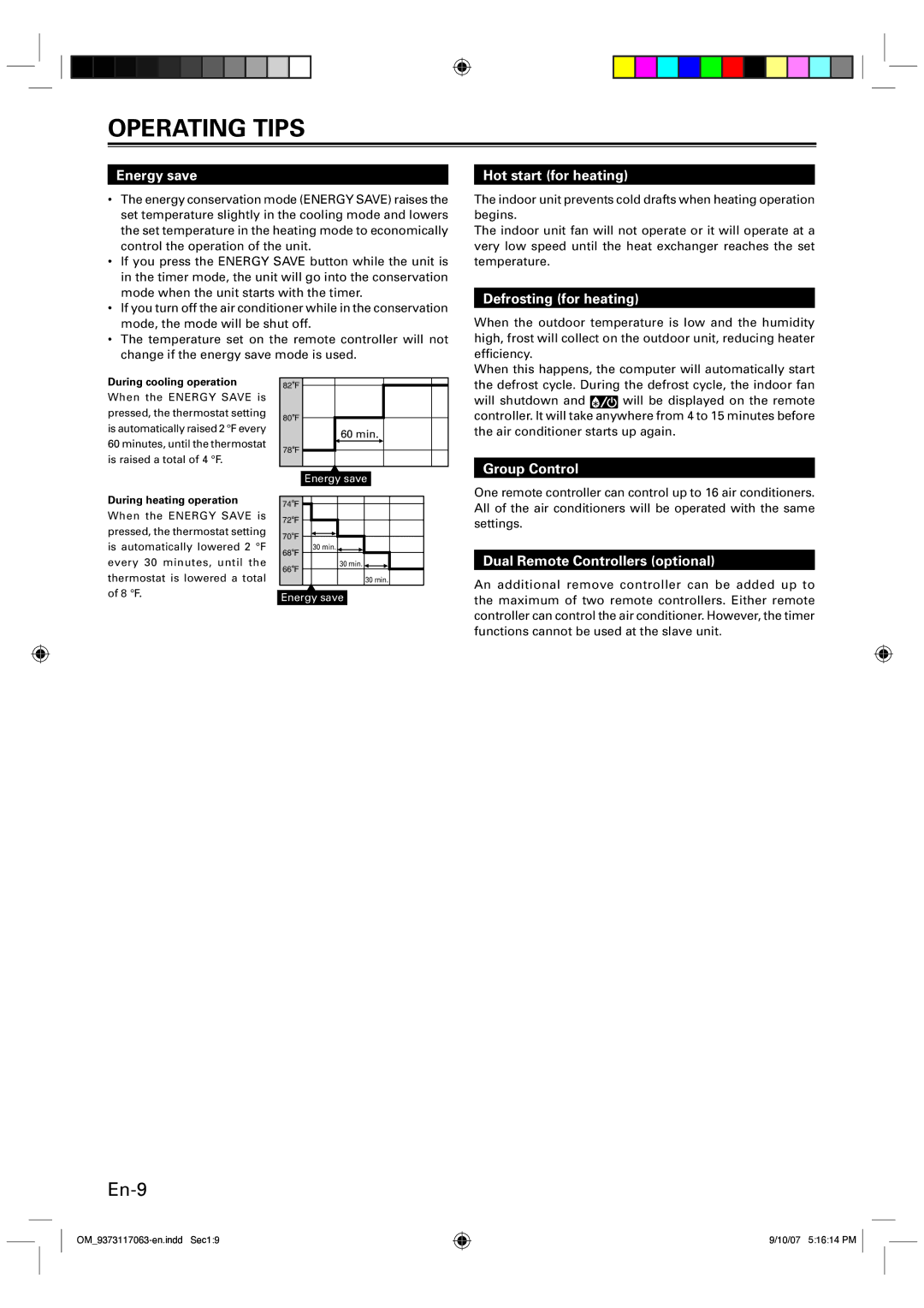 Fujitsu p/n9373228063 manual Energy save, Hot start for heating, Defrosting for heating, Group Control 