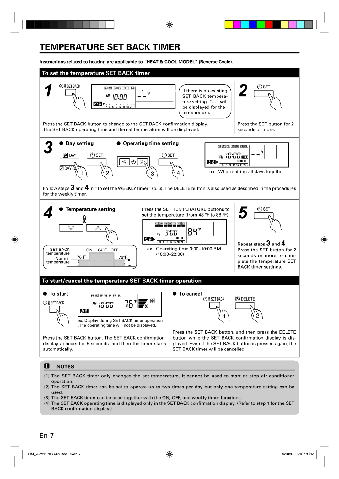 Fujitsu p/n9373228063 manual Temperature SET Back Timer, To set the temperature SET Back timer, Temperature setting 