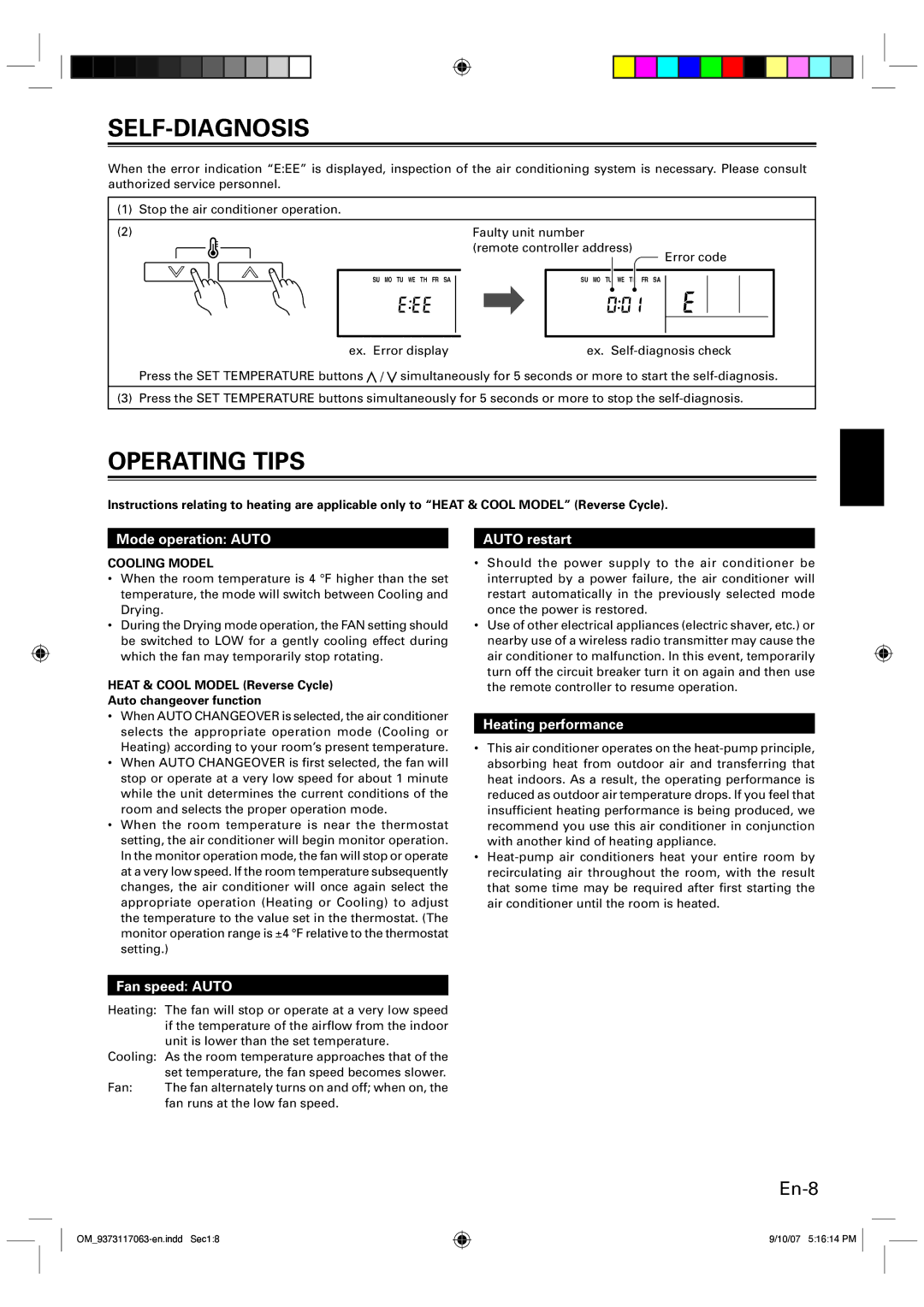 Fujitsu fujitsu air conditioner concealed ceiling type, p/n9373228063 manual Self-Diagnosis, Operating Tips 