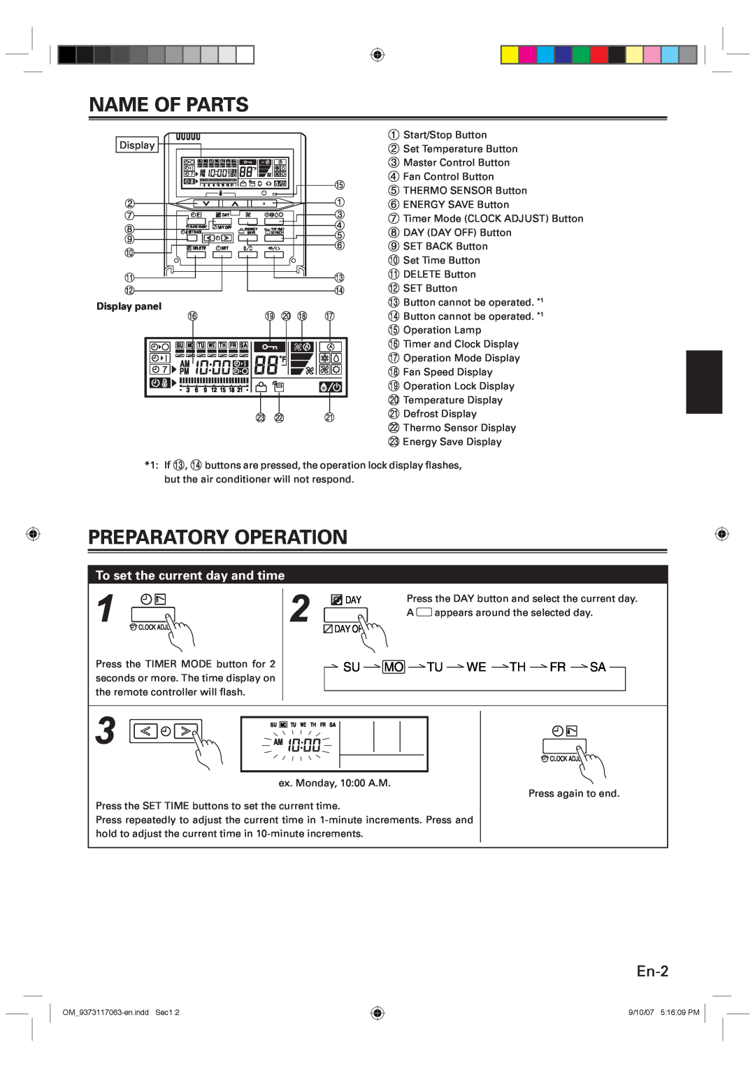 Fujitsu fujitsu air conditioner concealed ceiling type manual Name Of Parts, Preparatory Operation, En-2, Tu We Th Fr Sa 
