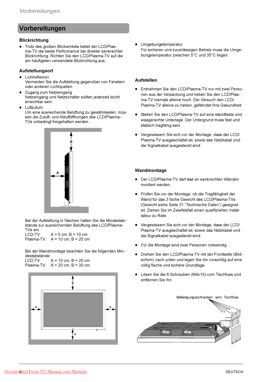 Fujitsu PQ42-1, PQ50-1, VQ40-1 manual Vorbereitungen, Blickrichtung, Aufstellungsort, Aufstellen, Wandmontage 