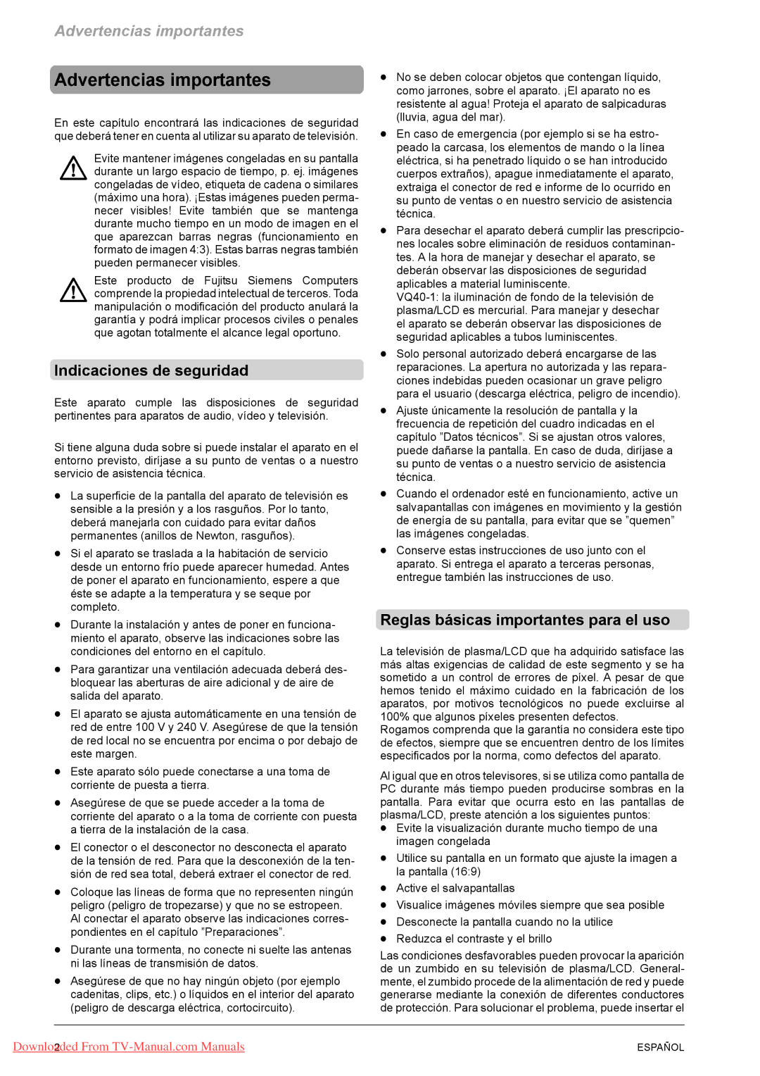 Fujitsu PQ42-1, PQ50-1, VQ40-1 Advertencias importantes, Indicaciones de seguridad, Reglas básicas importantes para el uso 