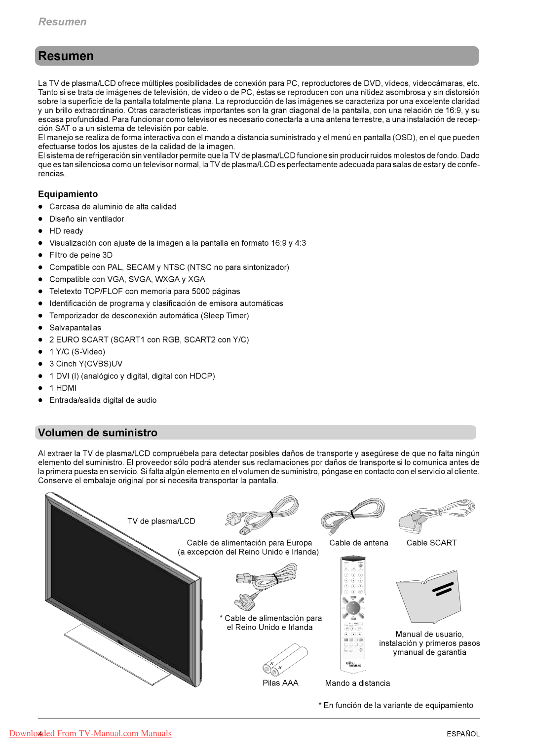 Fujitsu PQ50-1, PQ42-1 manual Resumen, Volumen de suministro, Equipamiento, Entrada/salida digital de audio, Cable de antena 