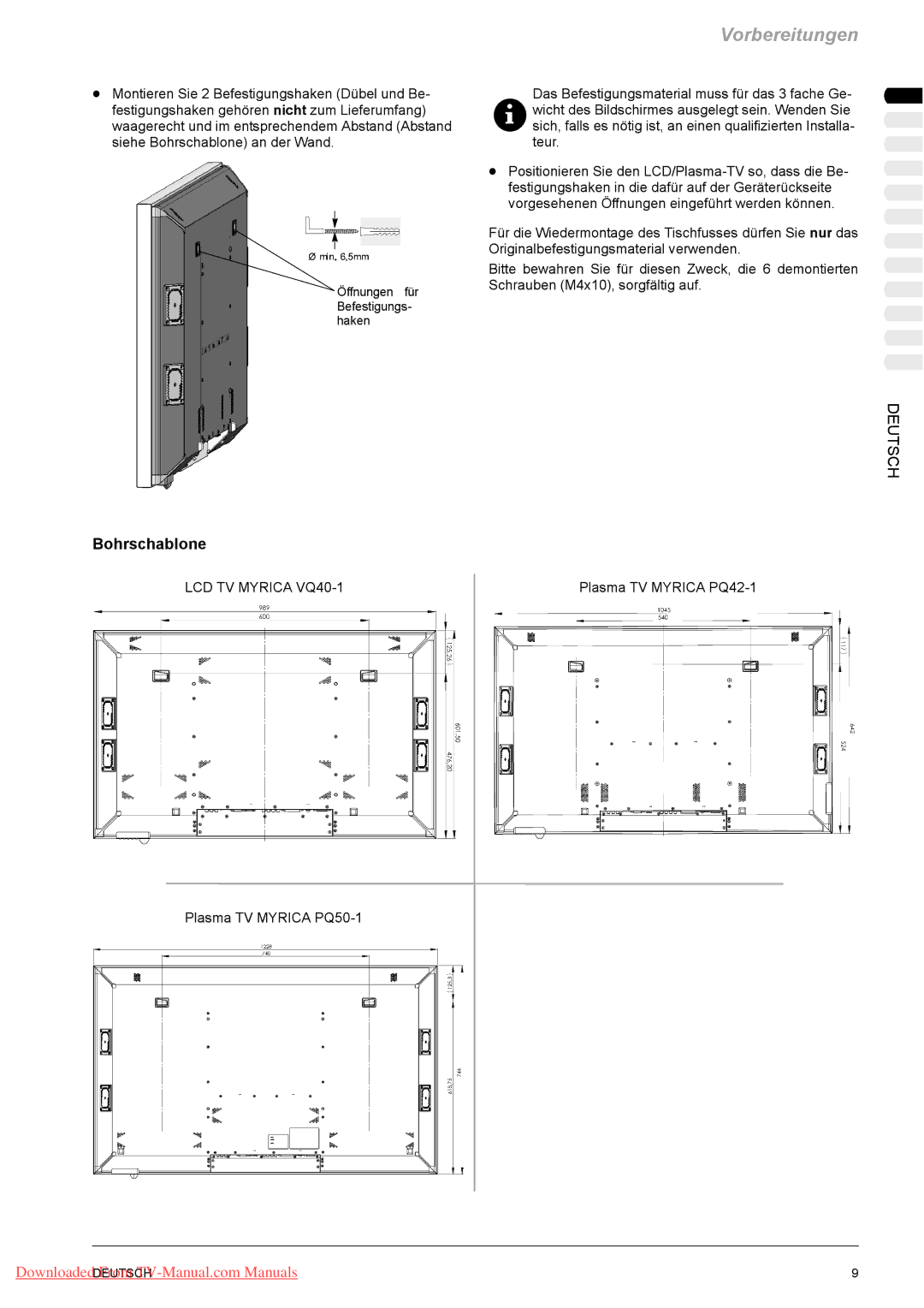 Fujitsu VQ40-1 manual Bohrschablone, Plasma TV Myrica PQ50-1, Plasma TV Myrica PQ42-1 