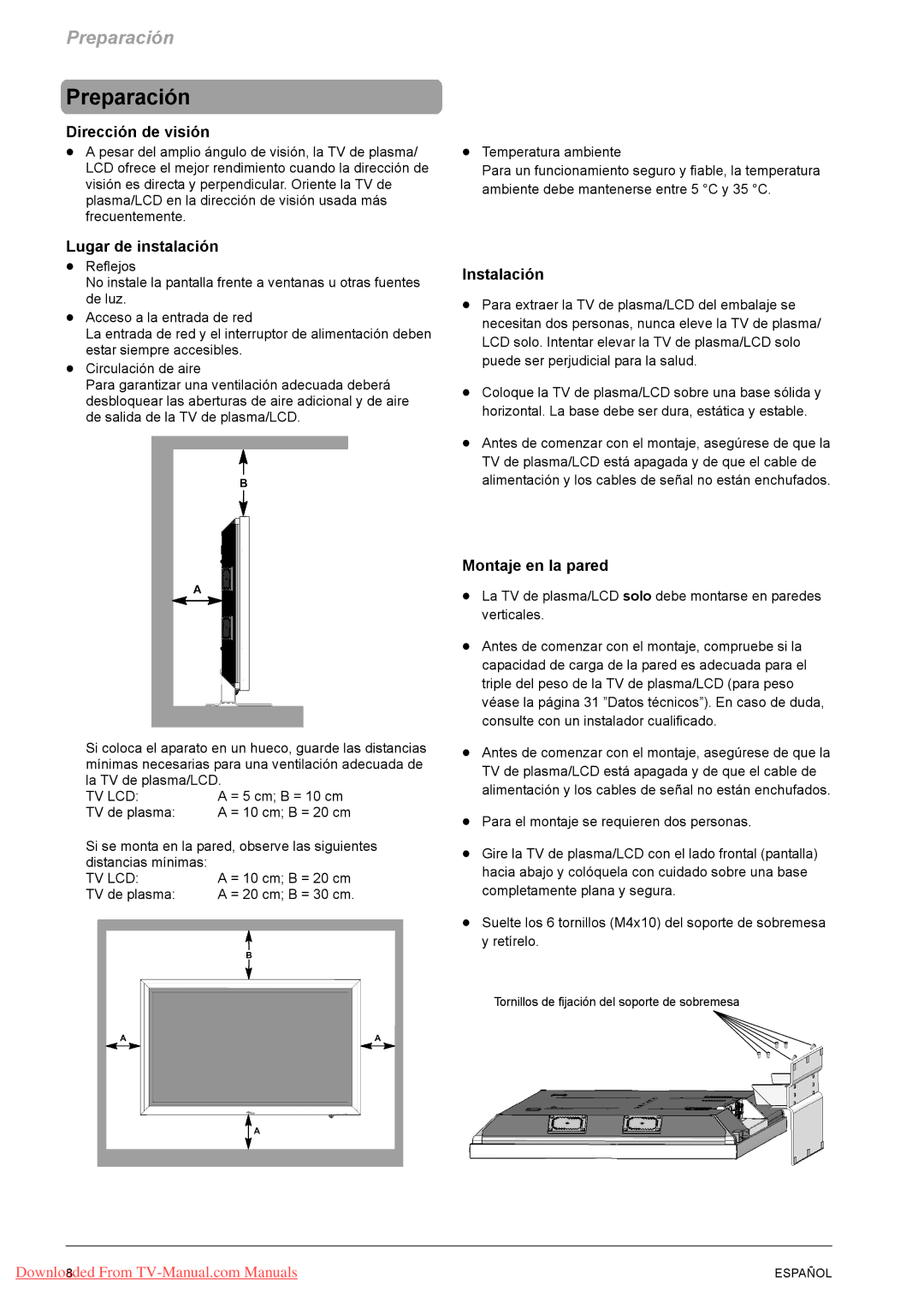 Fujitsu PQ42-1, PQ50-1, VQ40-1 Preparación, Dirección de visión, Lugar de instalación, Instalación, Montaje en la pared 