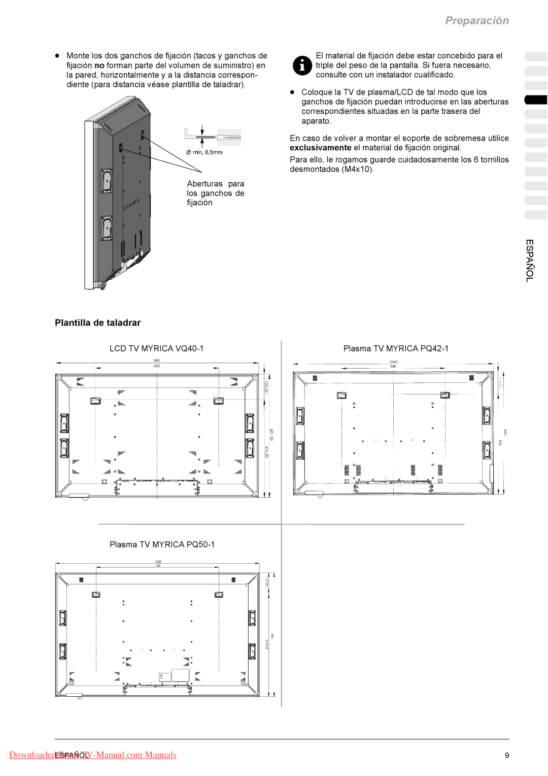 Fujitsu VQ40-1, PQ50-1, PQ42-1 manual Plantilla de taladrar, Aberturas para los ganchos de fijación 