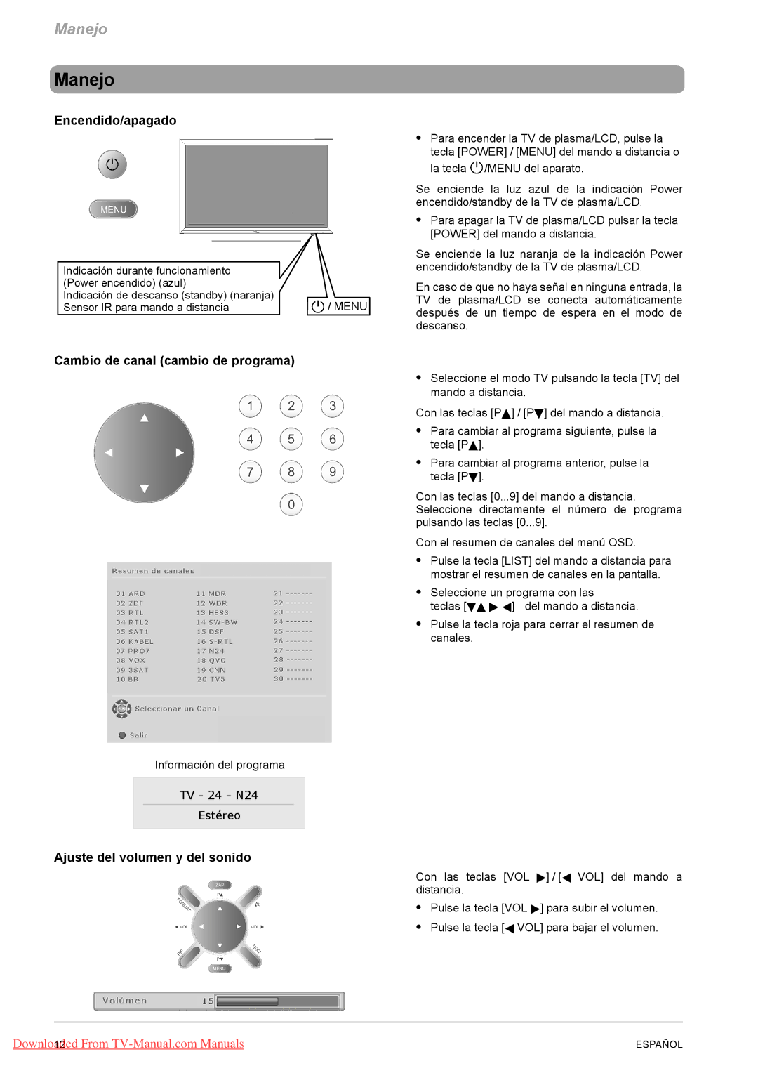 Fujitsu VQ40-1, PQ50-1 manual Manejo, Encendido/apagado, Cambio de canal cambio de programa, Ajuste del volumen y del sonido 