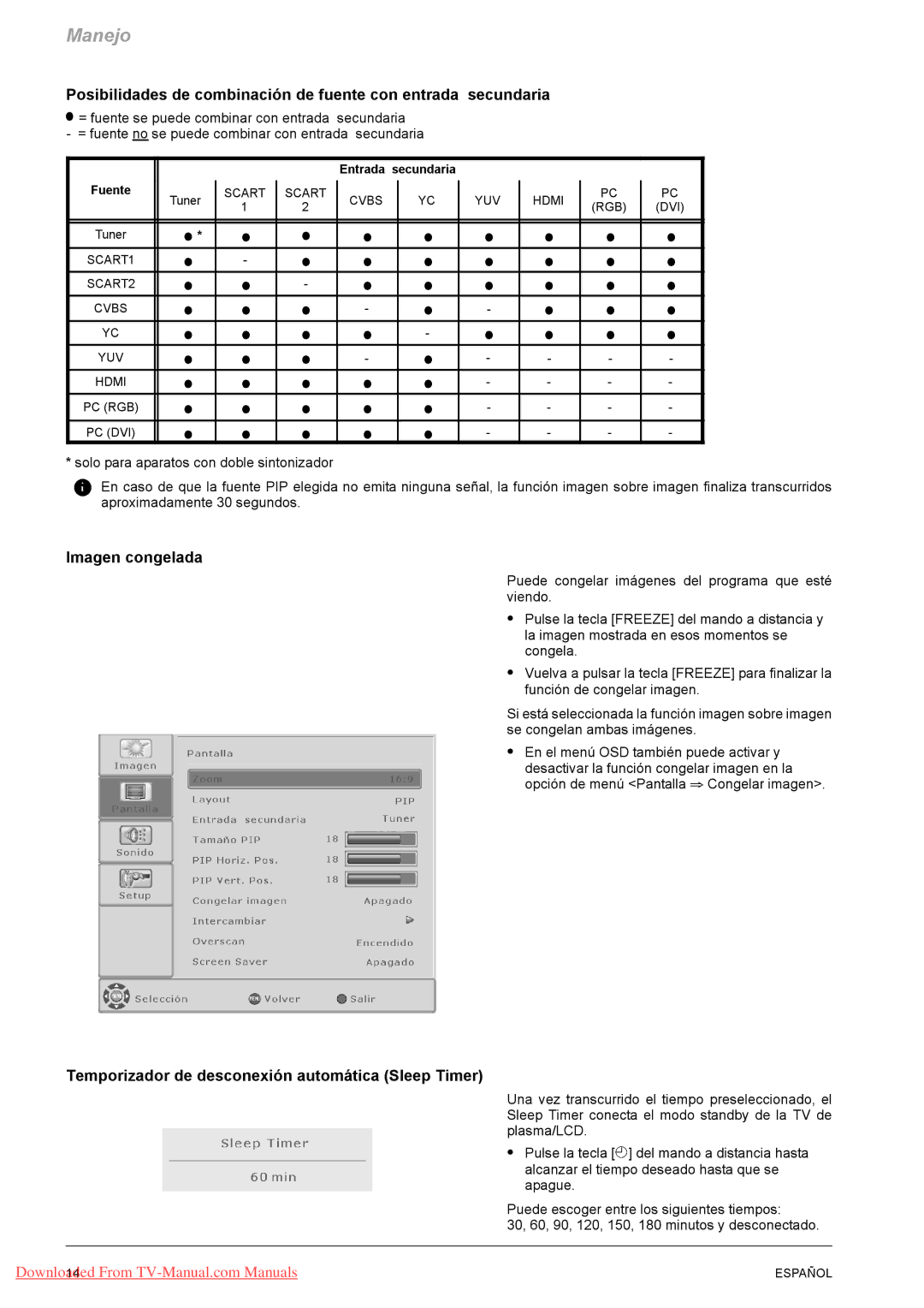 Fujitsu PQ42-1, PQ50-1, VQ40-1 manual Imagen congelada, Temporizador de desconexión automática Sleep Timer 