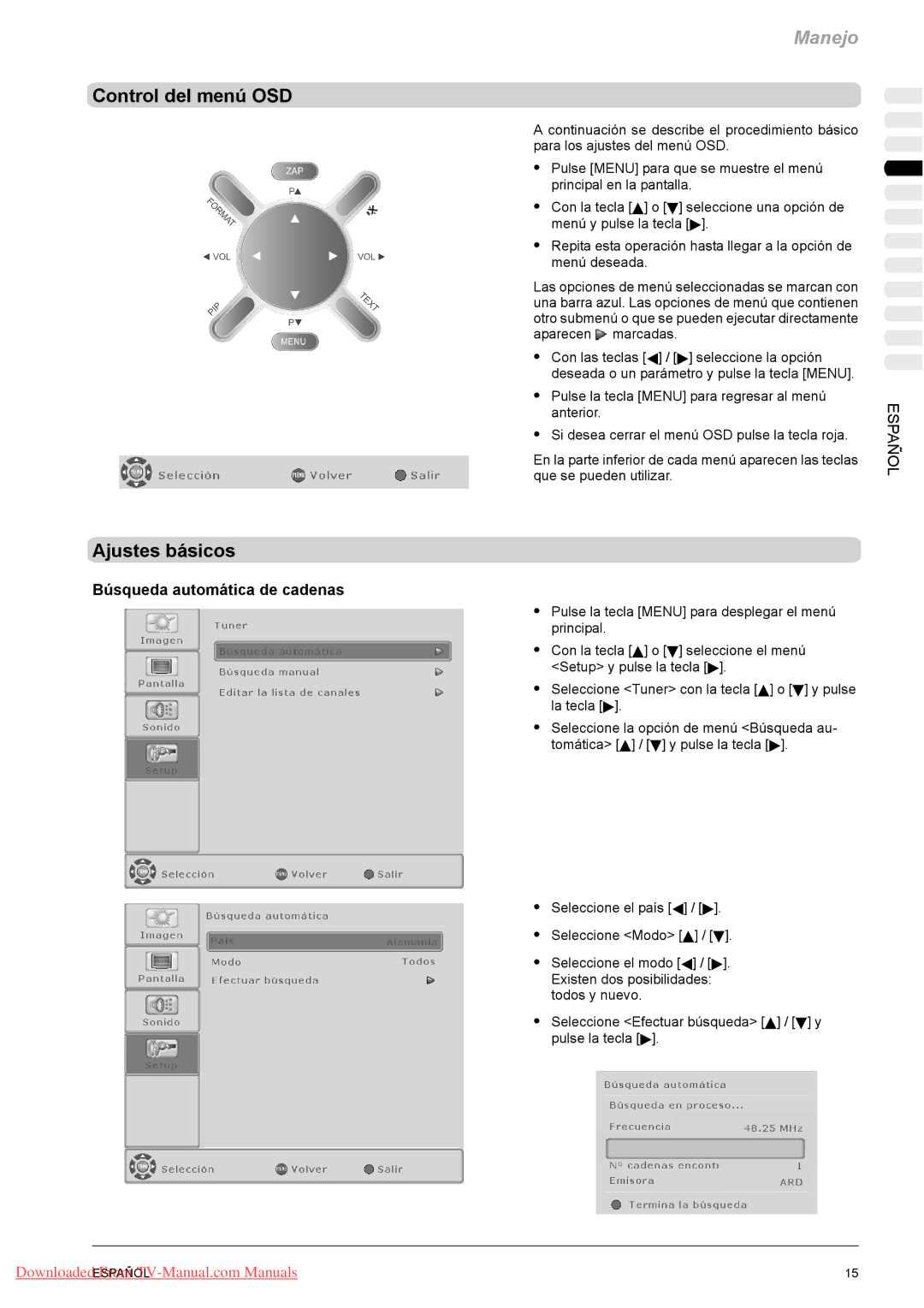 Fujitsu VQ40-1, PQ50-1, PQ42-1 manual Control del menú OSD, Ajustes básicos, Búsqueda automática de cadenas 