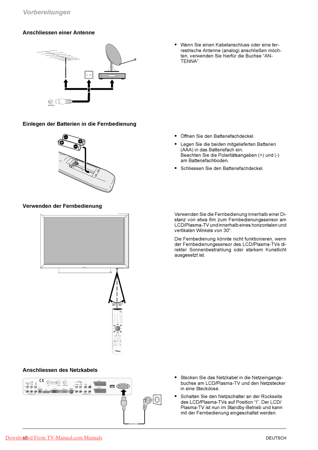 Fujitsu PQ50-1 manual Anschliessen einer Antenne, Einlegen der Batterien in die Fernbedienung, Verwenden der Fernbedienung 