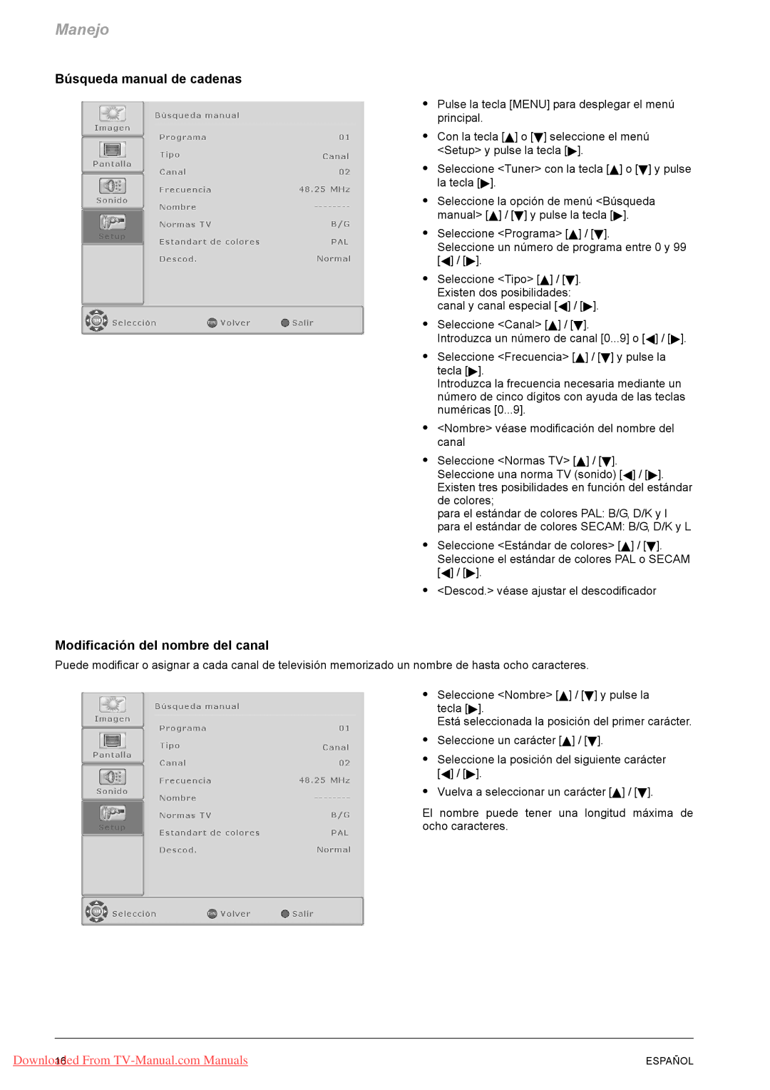 Fujitsu PQ50-1, PQ42-1, VQ40-1 Búsqueda manual de cadenas, Modificación del nombre del canal 