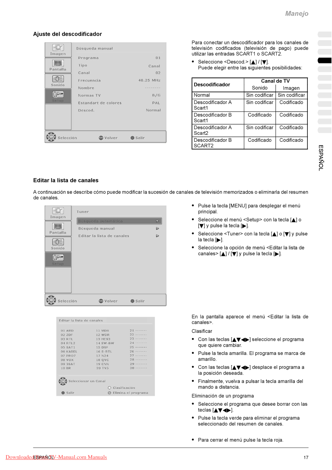 Fujitsu PQ42-1, PQ50-1, VQ40-1 manual Ajuste del descodificador, Editar la lista de canales, Descodificador Canal de TV 