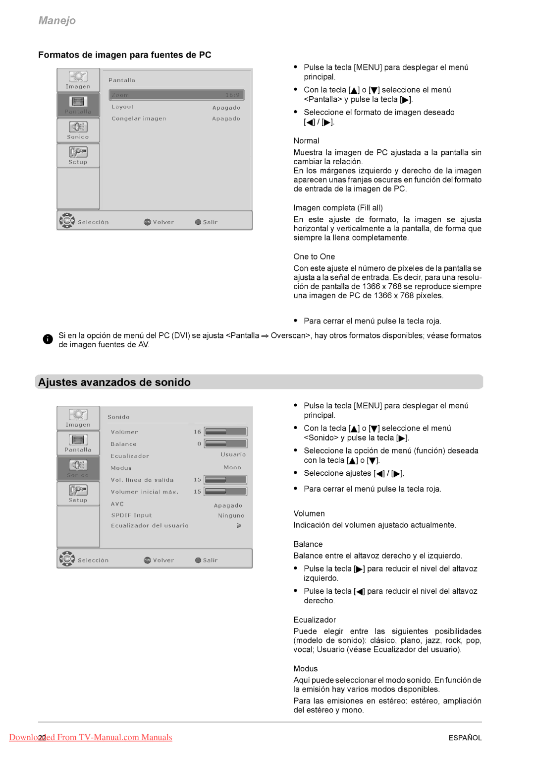 Fujitsu PQ50-1, PQ42-1, VQ40-1 manual Ajustes avanzados de sonido, Formatos de imagen para fuentes de PC 