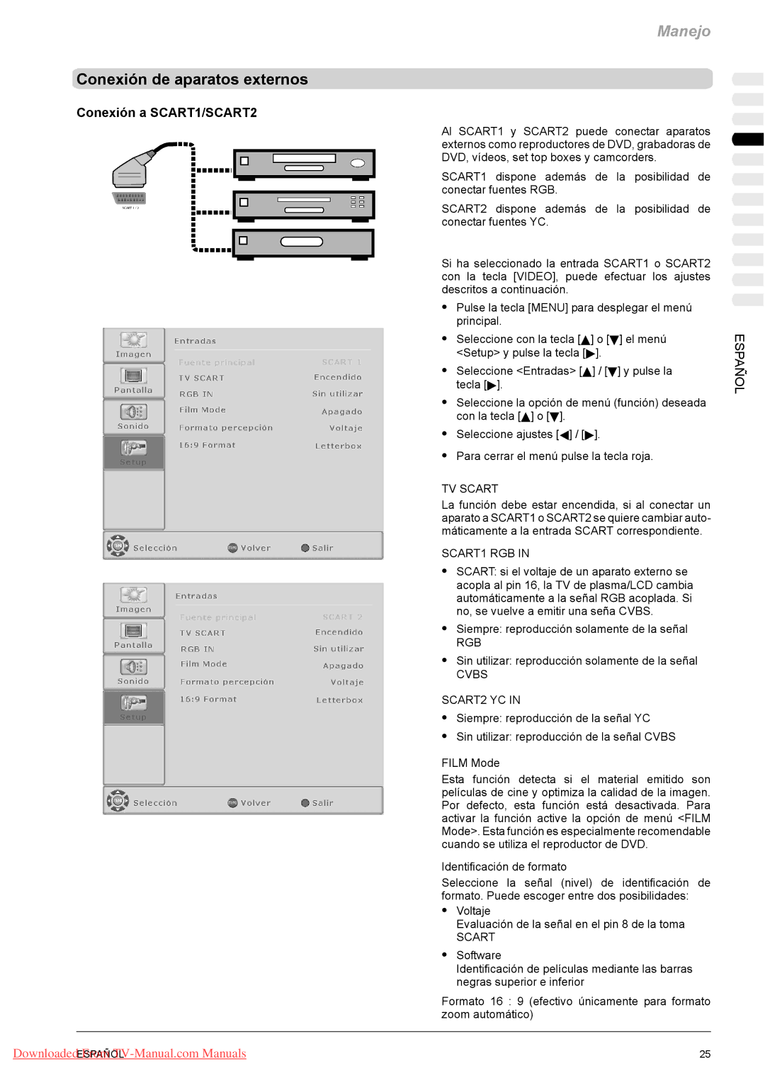 Fujitsu PQ50-1, PQ42-1 Conexión de aparatos externos, Conexión a SCART1/SCART2, Siempre reproducción solamente de la señal 