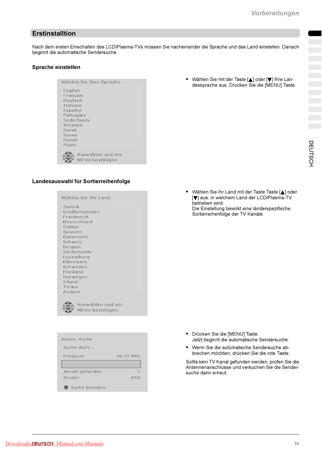 Fujitsu PQ42-1, PQ50-1, VQ40-1 manual Erstinstalltion, Sprache einstellen, Landesauswahl für Sortierreihenfolge 