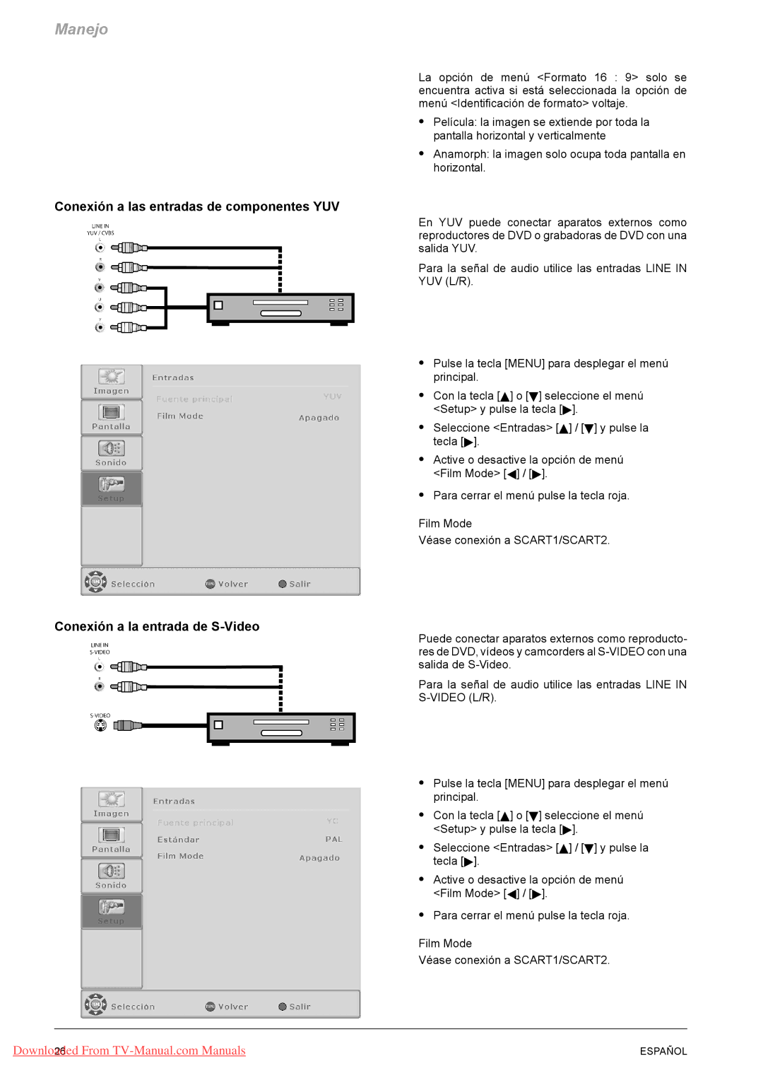 Fujitsu PQ42-1, PQ50-1, VQ40-1 manual Conexión a las entradas de componentes YUV, Conexión a la entrada de S-Video 