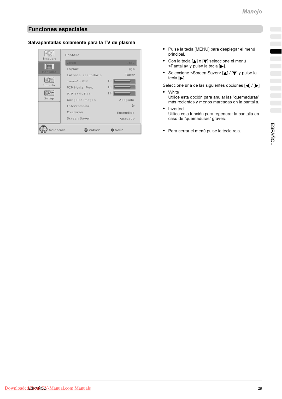 Fujitsu PQ42-1, PQ50-1, VQ40-1 manual Funciones especiales, Salvapantallas solamente para la TV de plasma 