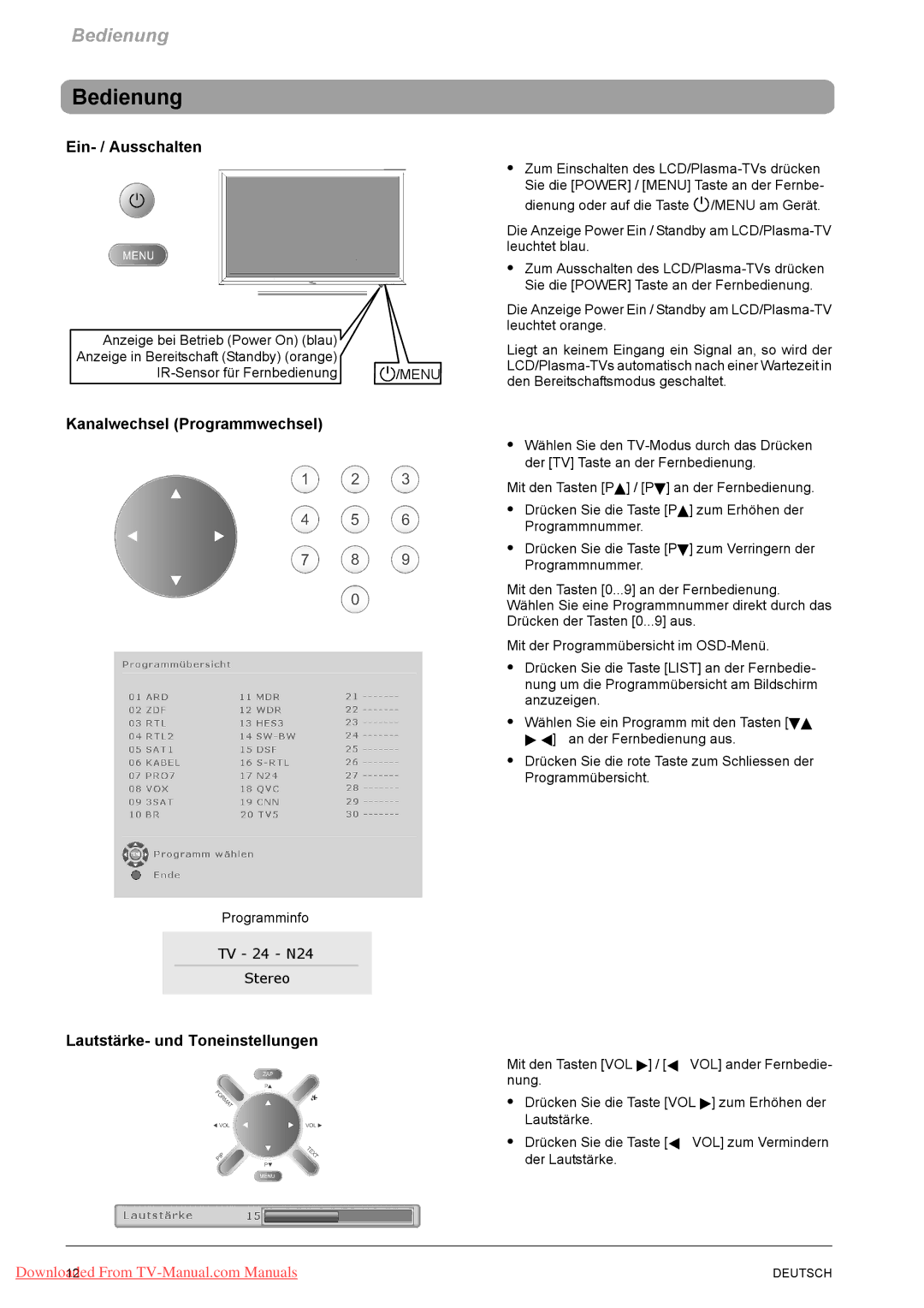 Fujitsu VQ40-1, PQ50-1 manual Bedienung, Ein- / Ausschalten, Kanalwechsel Programmwechsel, Lautstärke- und Toneinstellungen 