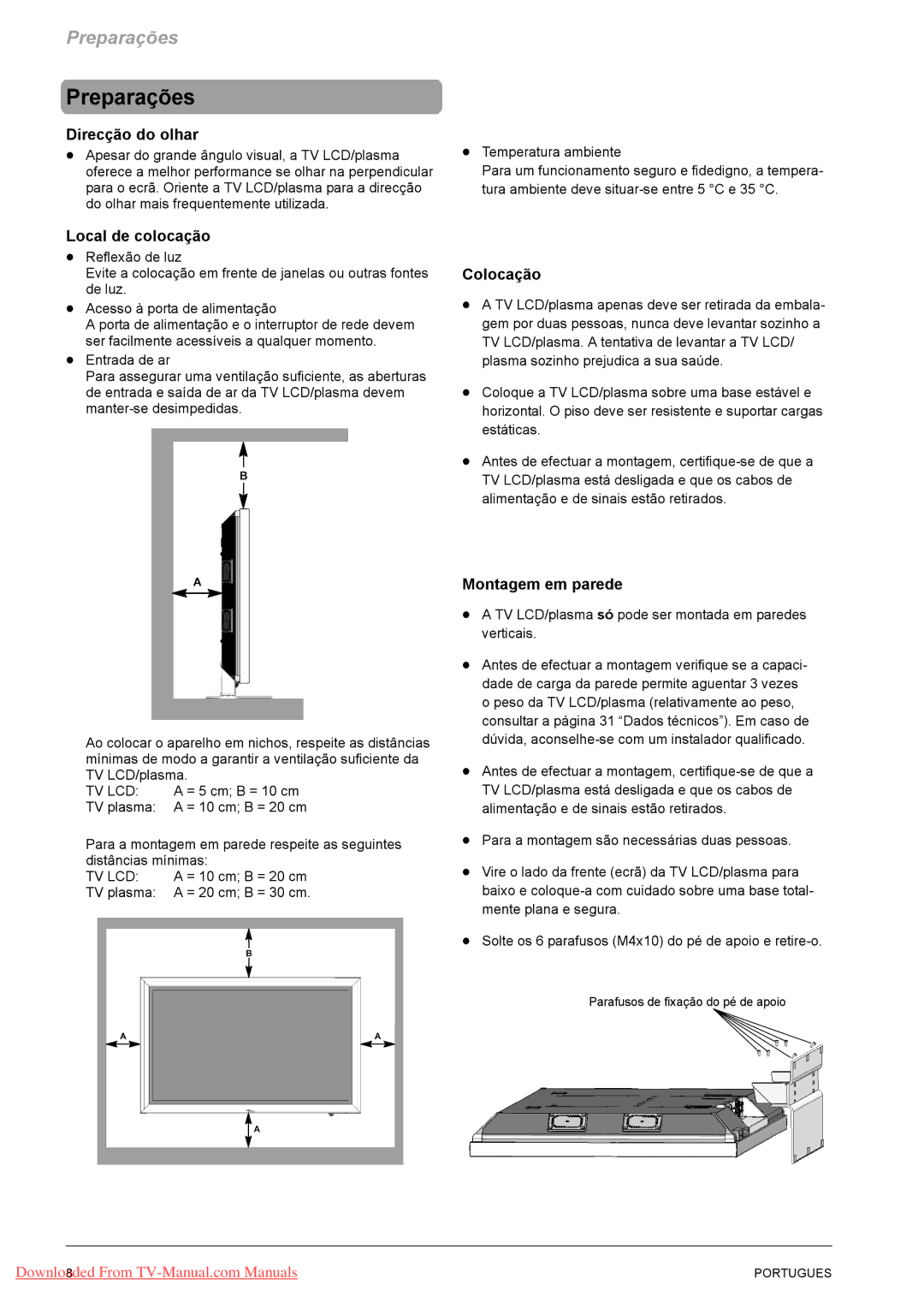 Fujitsu VQ40-1, PQ50-1, PQ42-1 manual Preparações, Direcção do olhar, Local de colocação, Colocação, Montagem em parede 