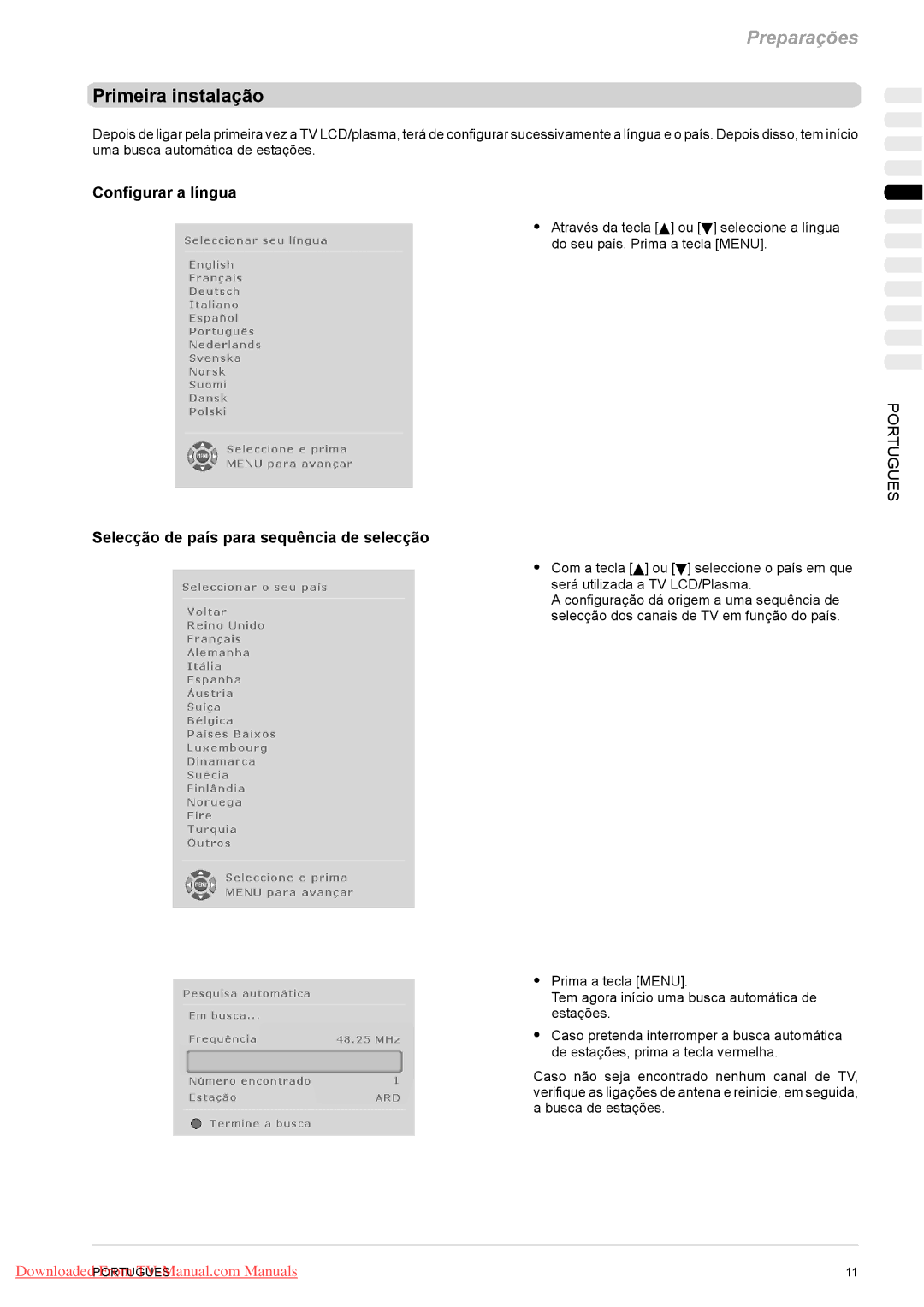 Fujitsu VQ40-1, PQ50-1, PQ42-1 manual Primeira instalação, Configurar a língua, Selecção de país para sequência de selecção 