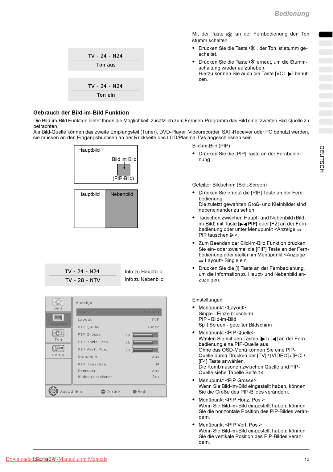 Fujitsu PQ50-1, PQ42-1, VQ40-1 manual Gebrauch der Bild-im-Bild Funktion, Info zu Hauptbild 