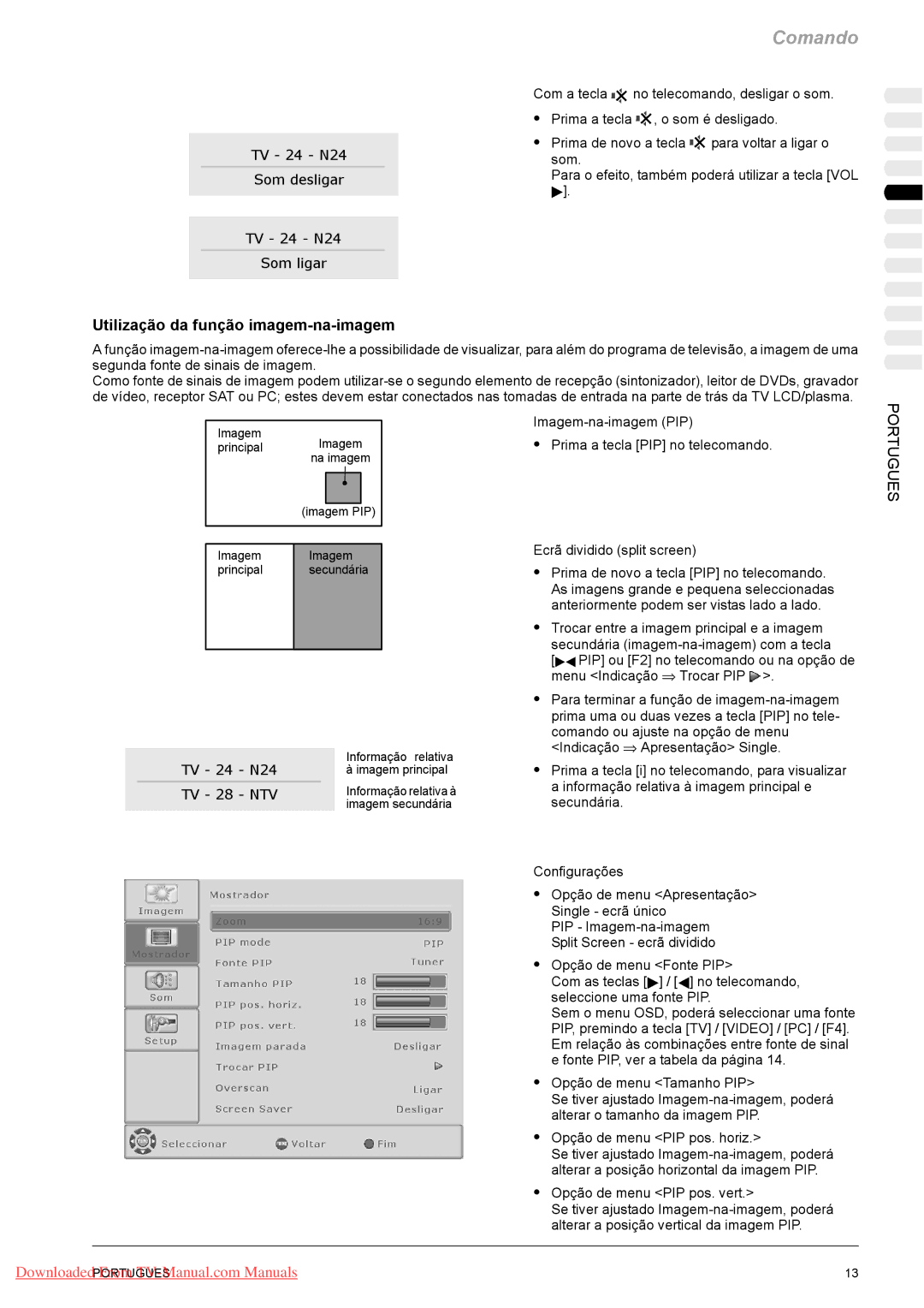 Fujitsu PQ42-1, PQ50-1, VQ40-1 manual Utilização da função imagem-na-imagem, Opção de menu PIP pos. vert 