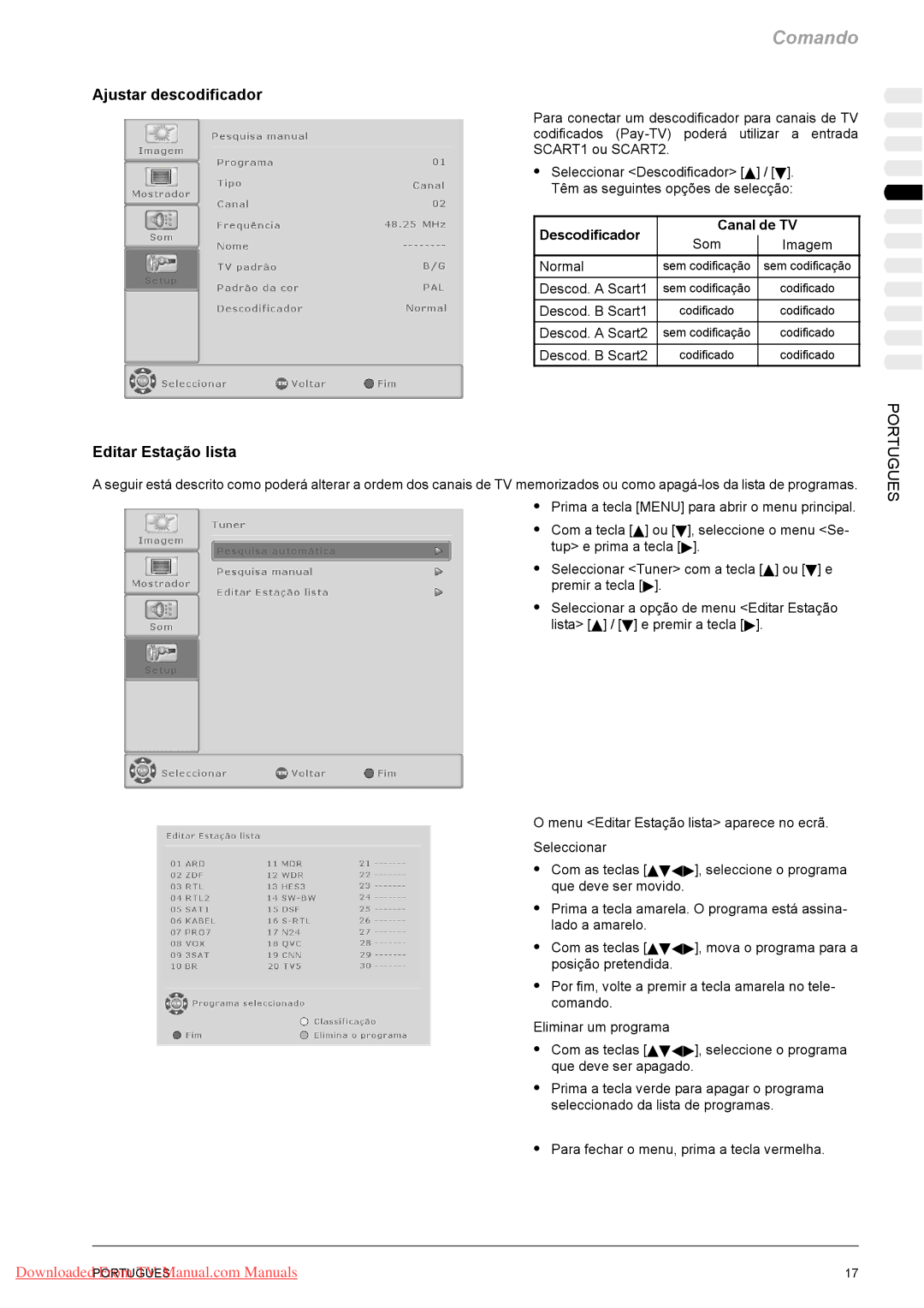 Fujitsu VQ40-1, PQ50-1, PQ42-1 manual Ajustar descodificador, Editar Estação lista 