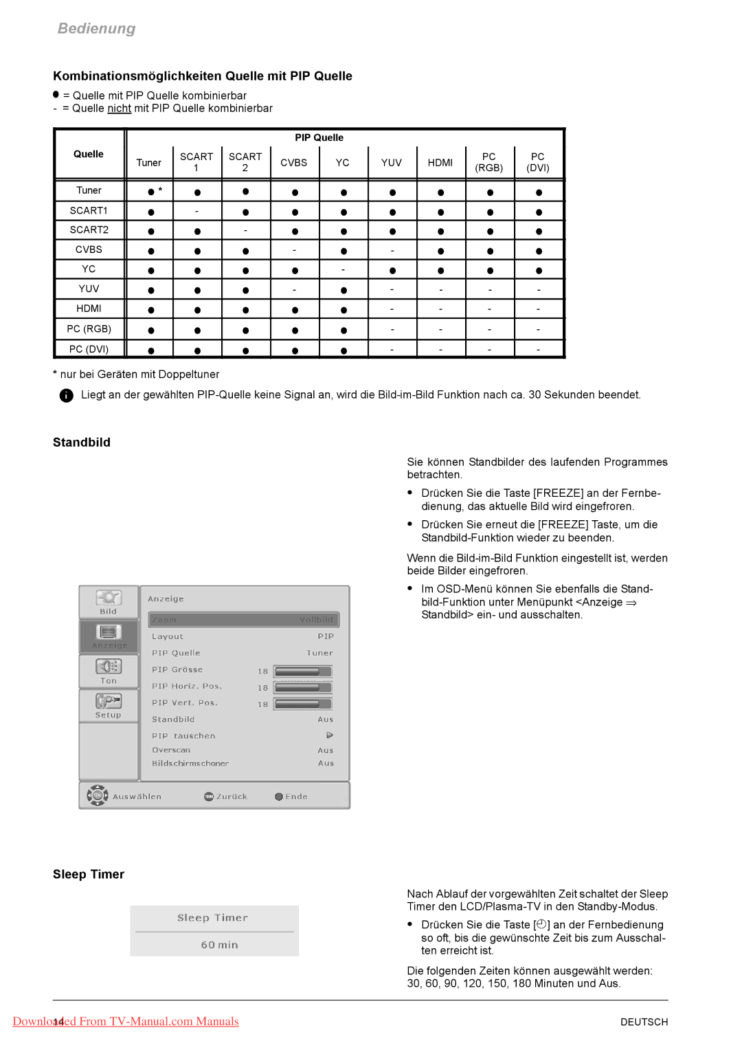 Fujitsu PQ42-1, PQ50-1, VQ40-1 manual Kombinationsmöglichkeiten Quelle mit PIP Quelle, Standbild, Sleep Timer 