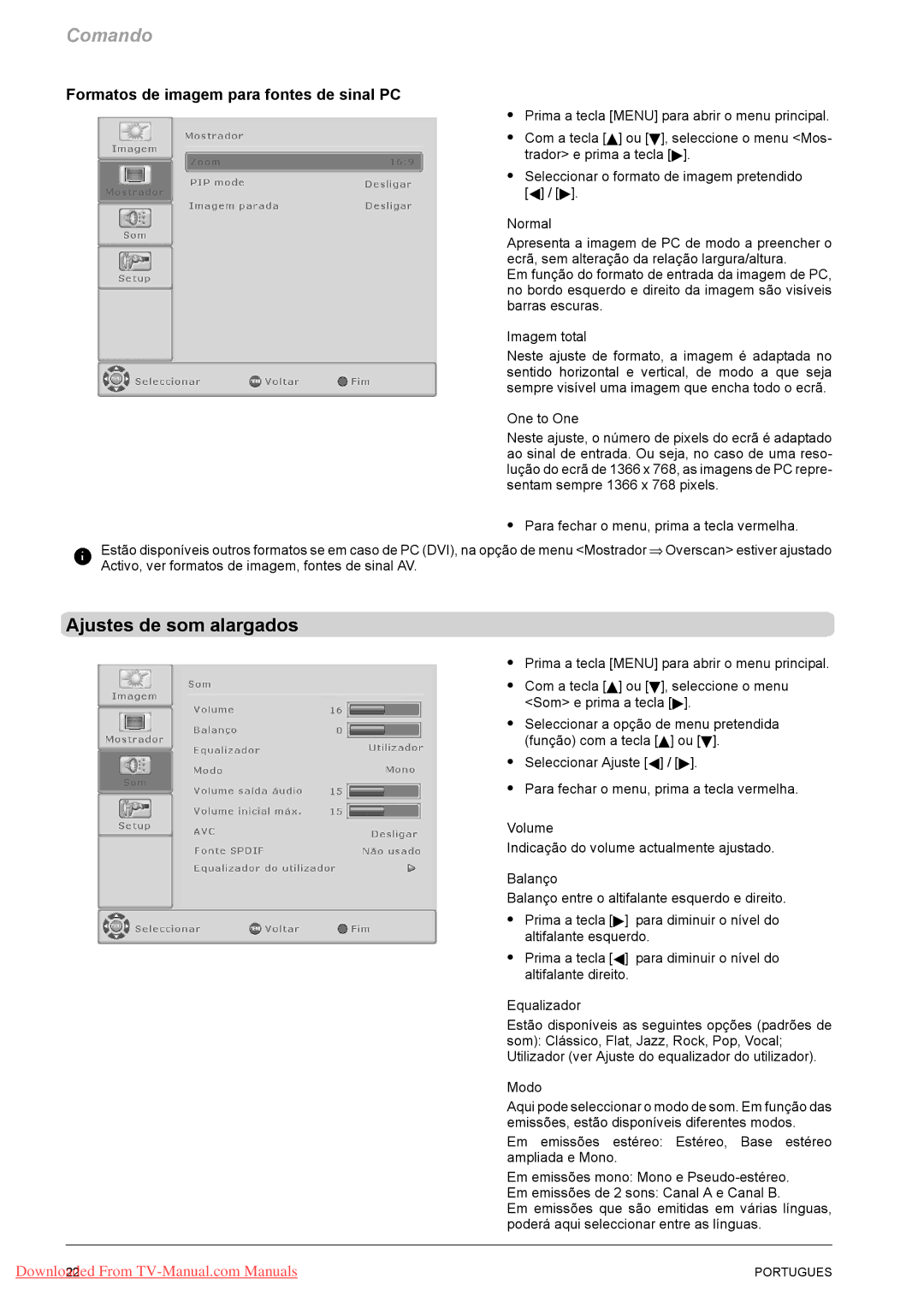 Fujitsu PQ42-1, PQ50-1, VQ40-1 manual Ajustes de som alargados, Formatos de imagem para fontes de sinal PC 